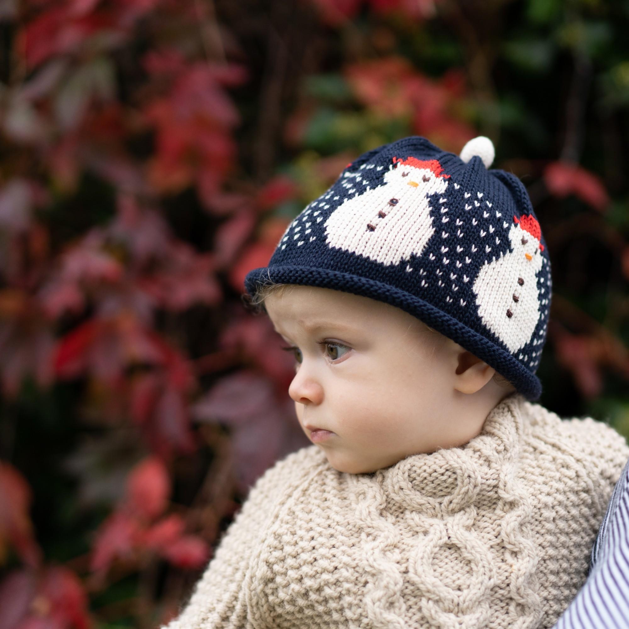 Merry Berries- Navy cream Snowman Knitted Baby Hat- 0-24 Months- Cotton-2