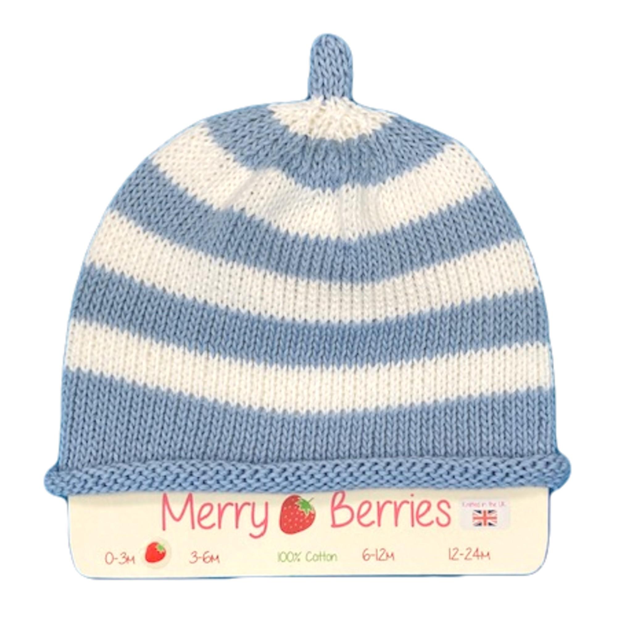Merry Berries - Sky white striped Knitted baby Hat-0-24mths-Cotton