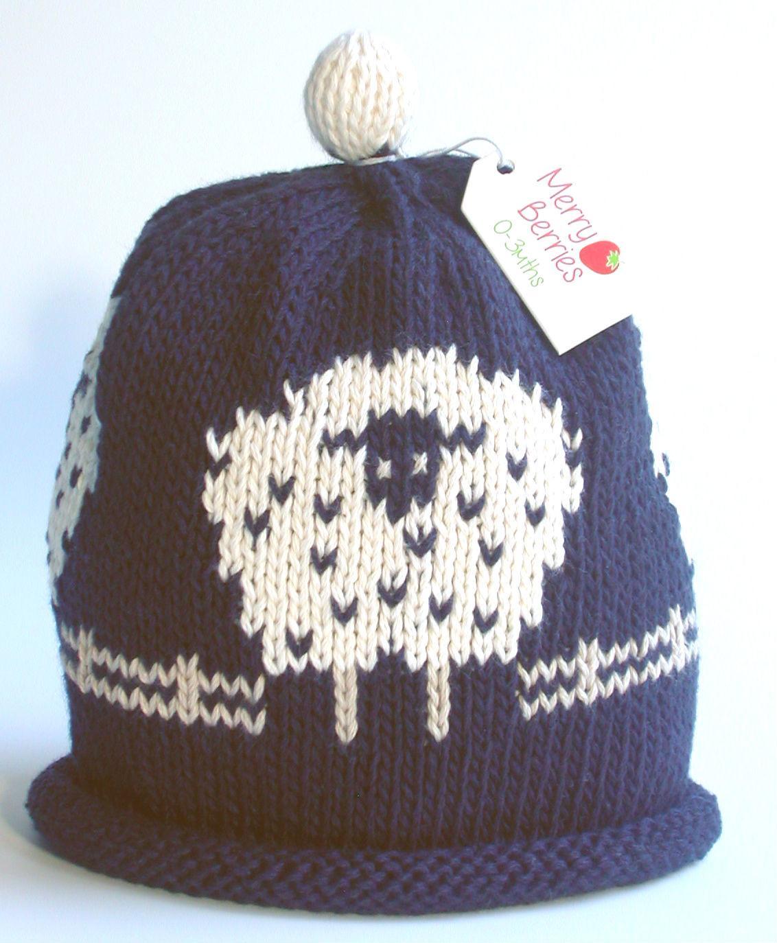 Merry Berries - Navy cream Sheep Knitted baby Hat-0-24mths-Cotton-3