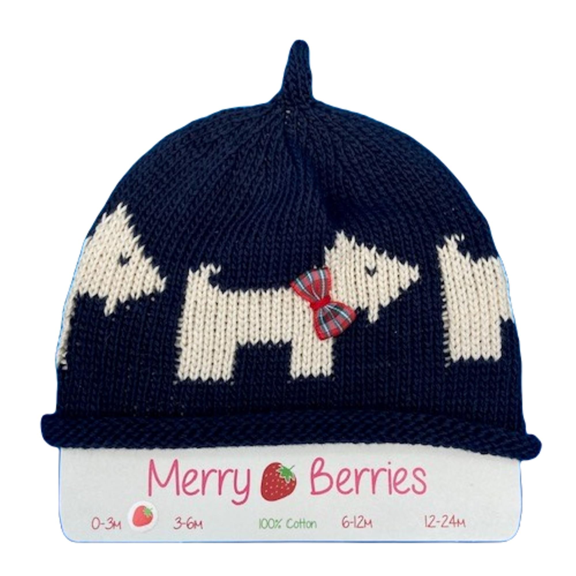 Navy cream Scottie knitted baby hat. Available in 4 sizes- 0-3 months, 3-6 months, 6-12 months and 12-24 months. Knitted in the UK by Merry Berries in 100% cotton.