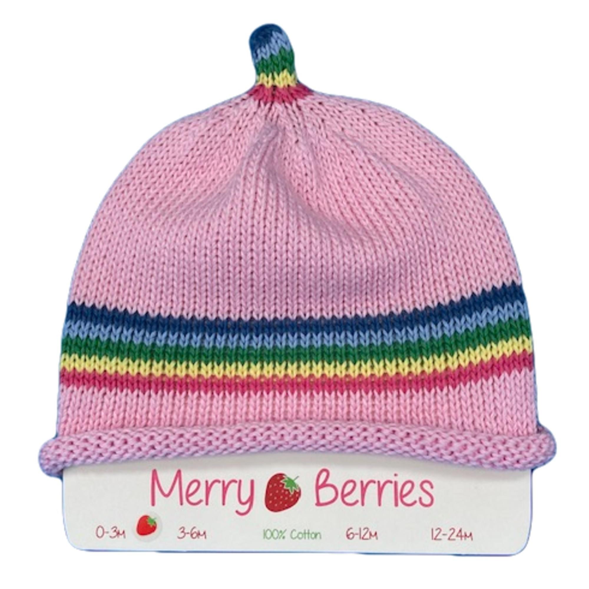 Merry Berries- Pink rainbow Knitted Baby Hat- 0-24 Months- Cotton
