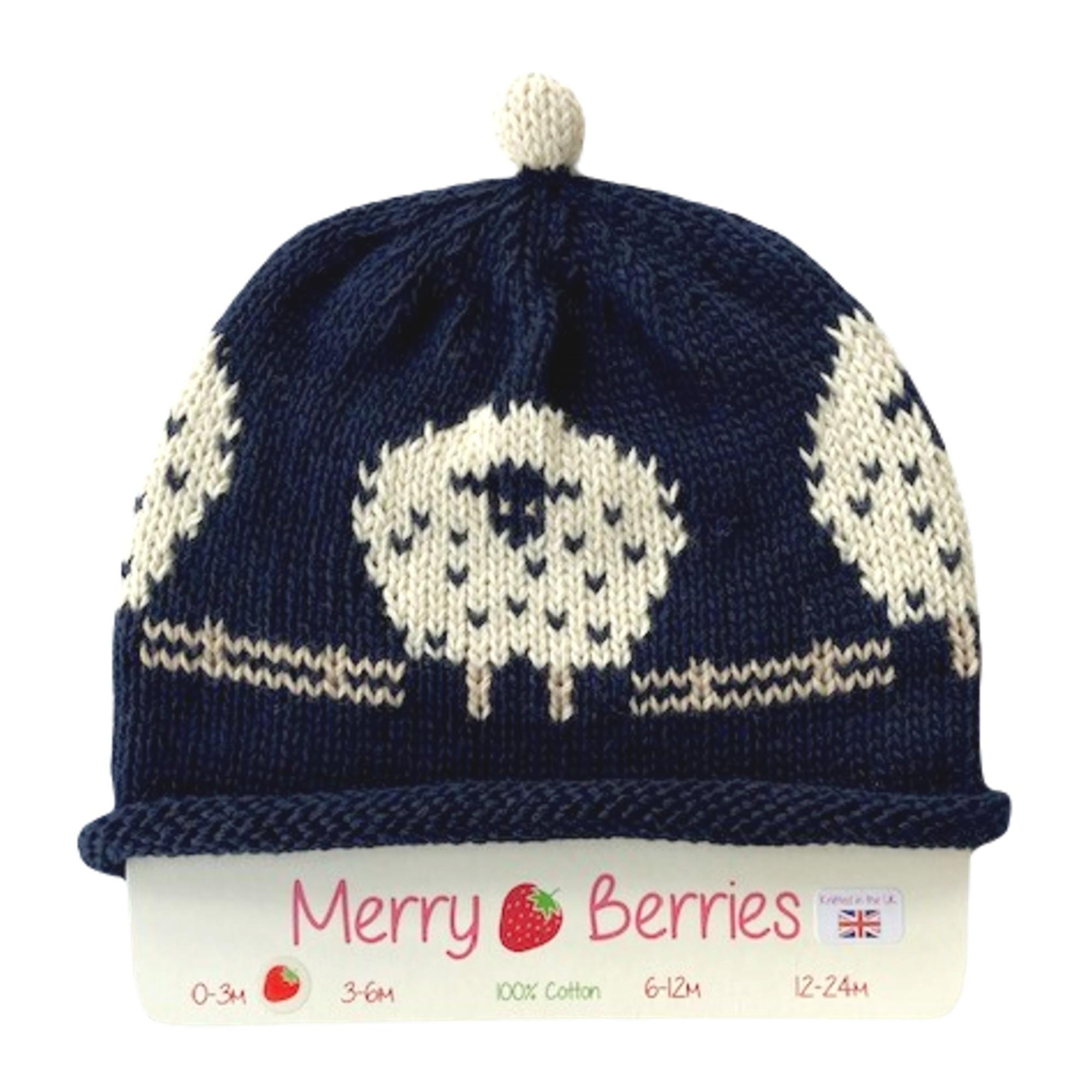 Merry Berries - Navy cream Sheep Knitted baby Hat-0-24mths-Cotton