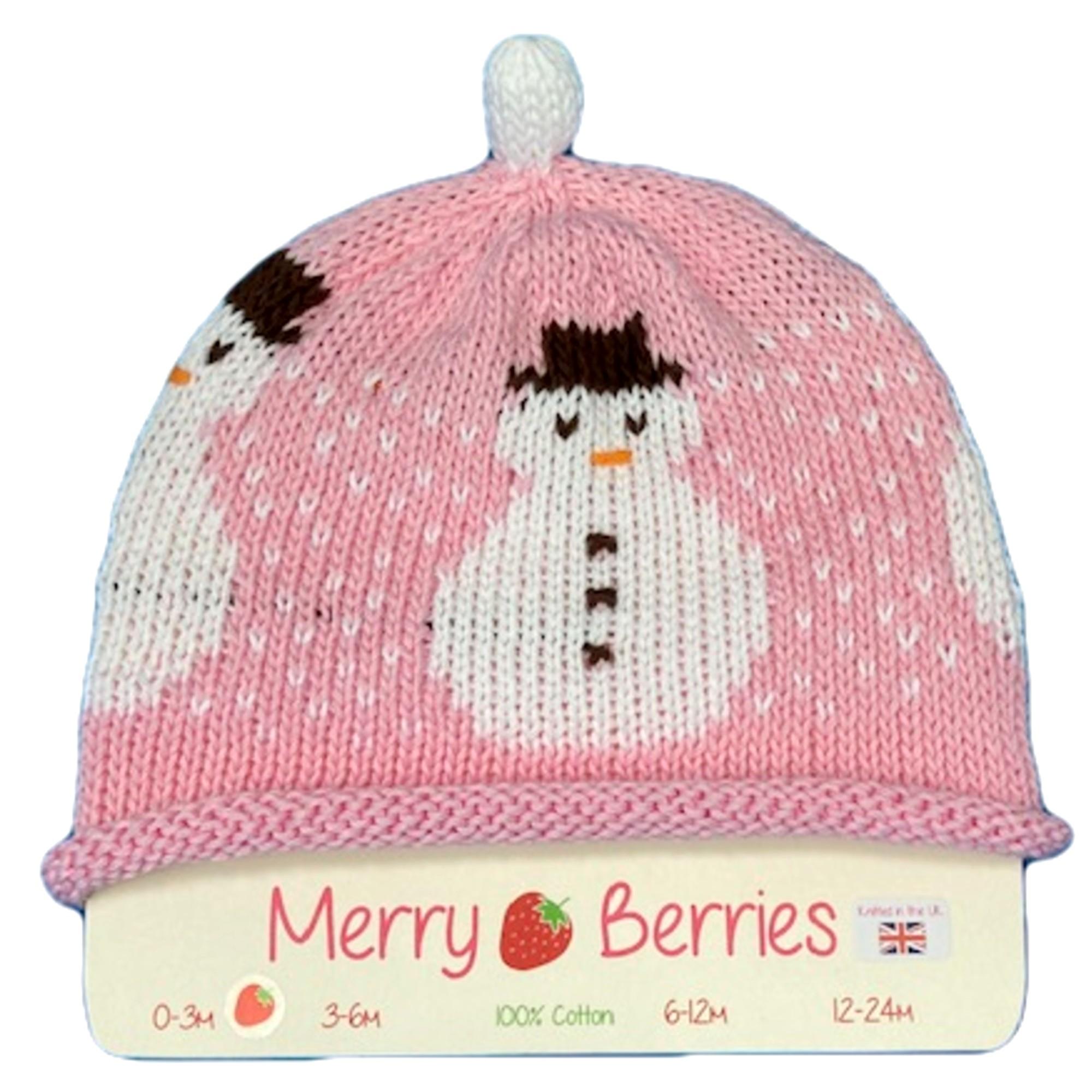 Merry Berries- Pink white Snowman Knitted Baby Hat- 0-24 Months- Cotton