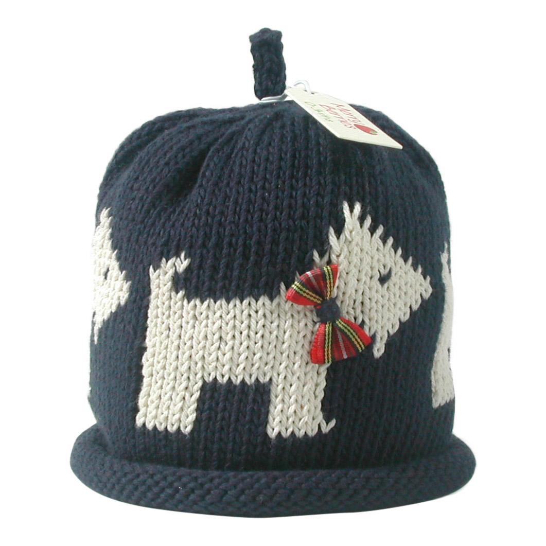 Navy cream Scottie knitted baby hat. Available in 4 sizes- 0-3 months, 3-6 months, 6-12 months and 12-24 months. Knitted in the UK by Merry Berries in 100% cotton.-3