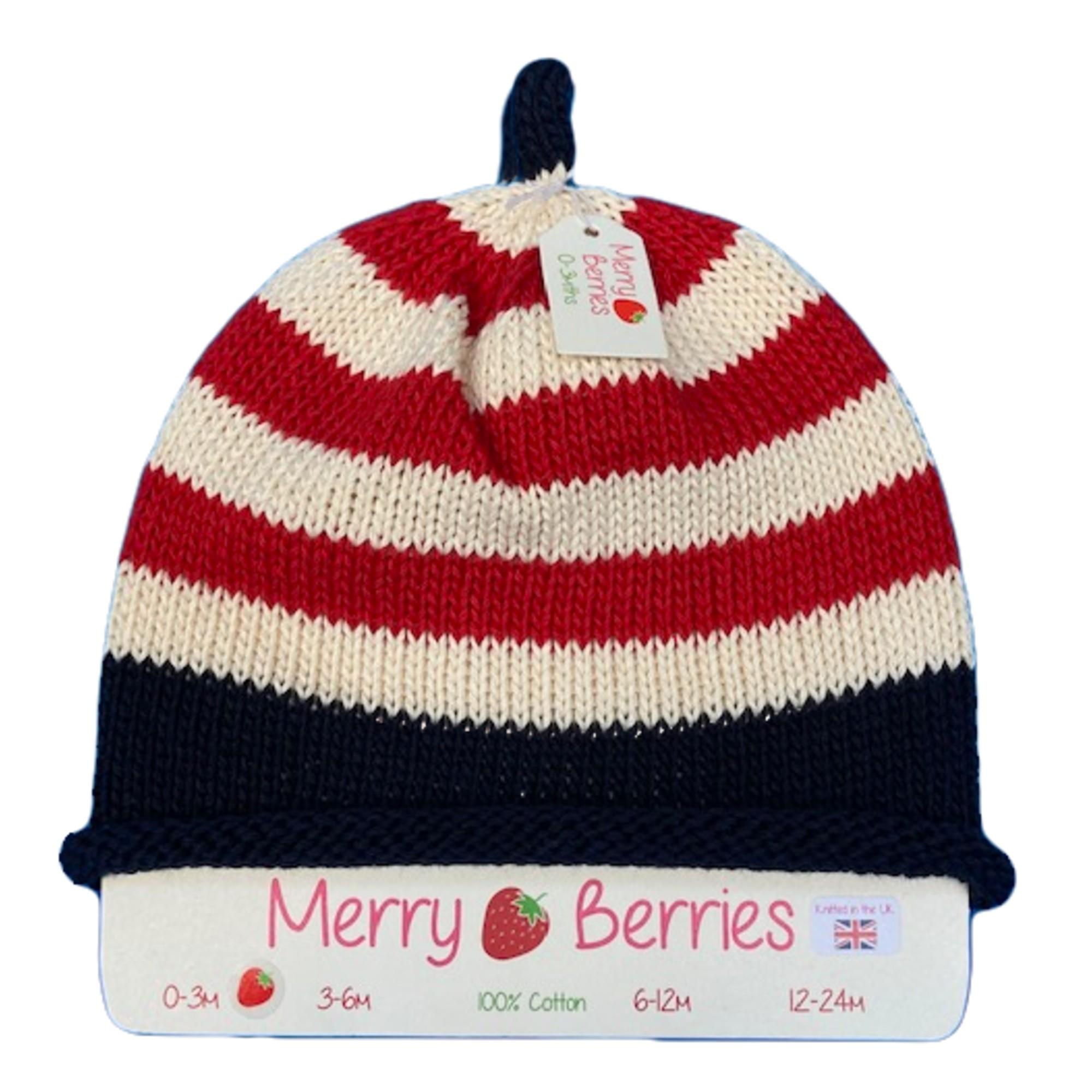 Merry Berries - Cream red navy striped Knitted baby Hat-0-24mths-Cotton