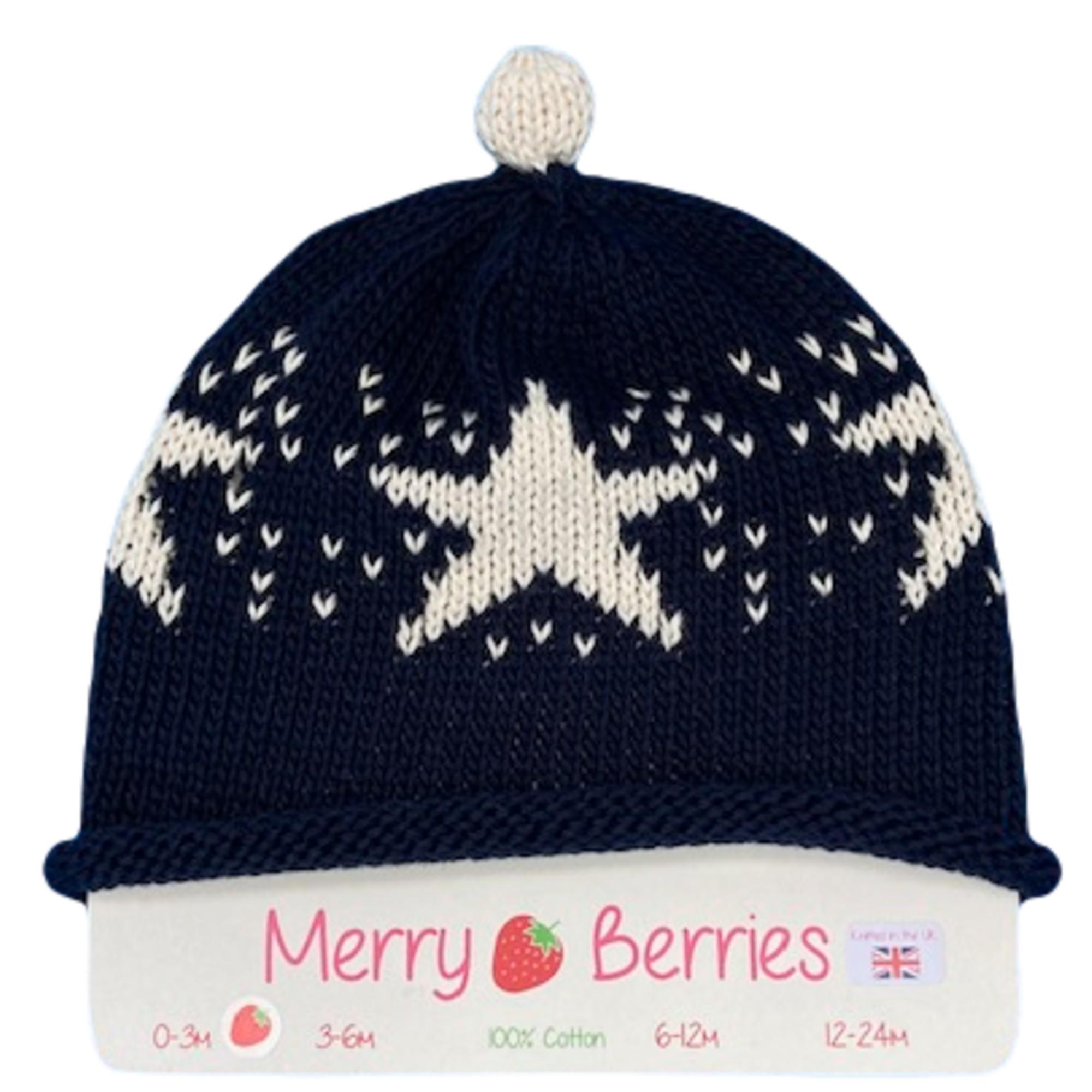 Merry Berries - navy cream Star Knitted baby Hat-0-24mths-Cotton