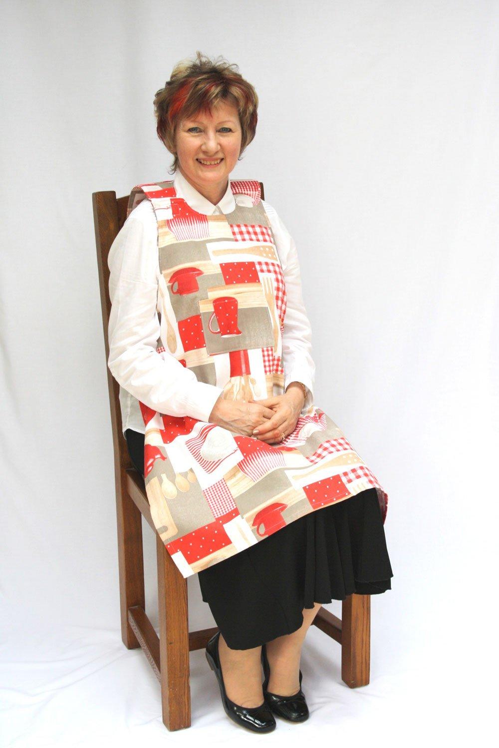 Protect Clothing from spills with Utensils design Dining Drapron®, Specially designed for people with dementia. Lively red and beige pattern that looks equally good on men or women. So much more dignified and attractive than an adult bib
