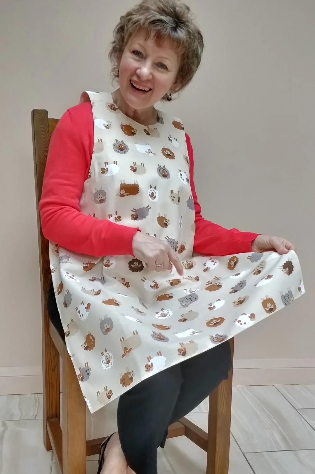 Dining drApron® in attractive neutral beiges and brown sheep pattern. Clothing Protector, protects the lap as well as down front. Adult Bib that looks like an apron
