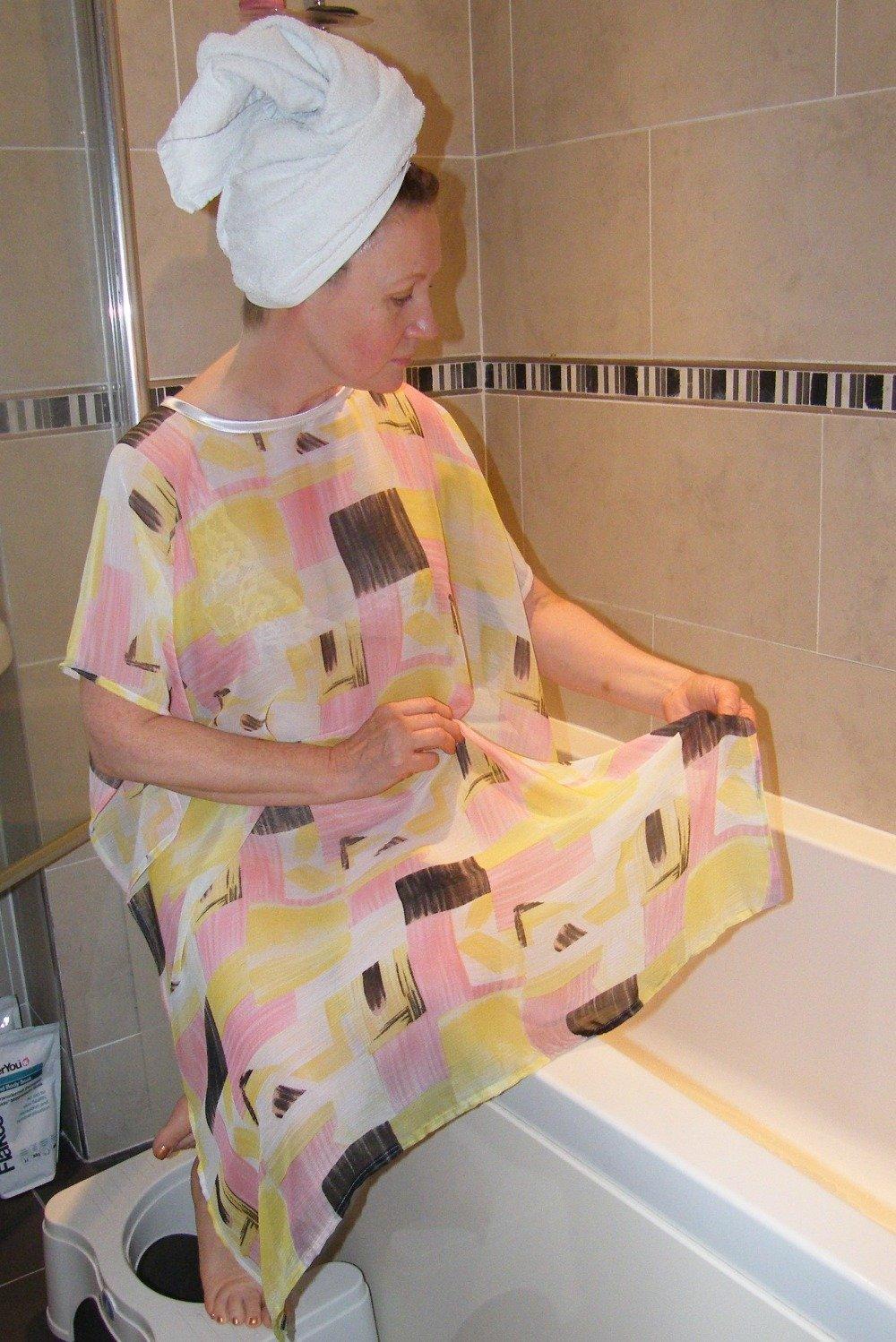 Modesty Bath wear and Modesty Shower wear Lemon/Pink NeverNaked(tm) Shower Drapron® provides dignity whilst being helped to shower