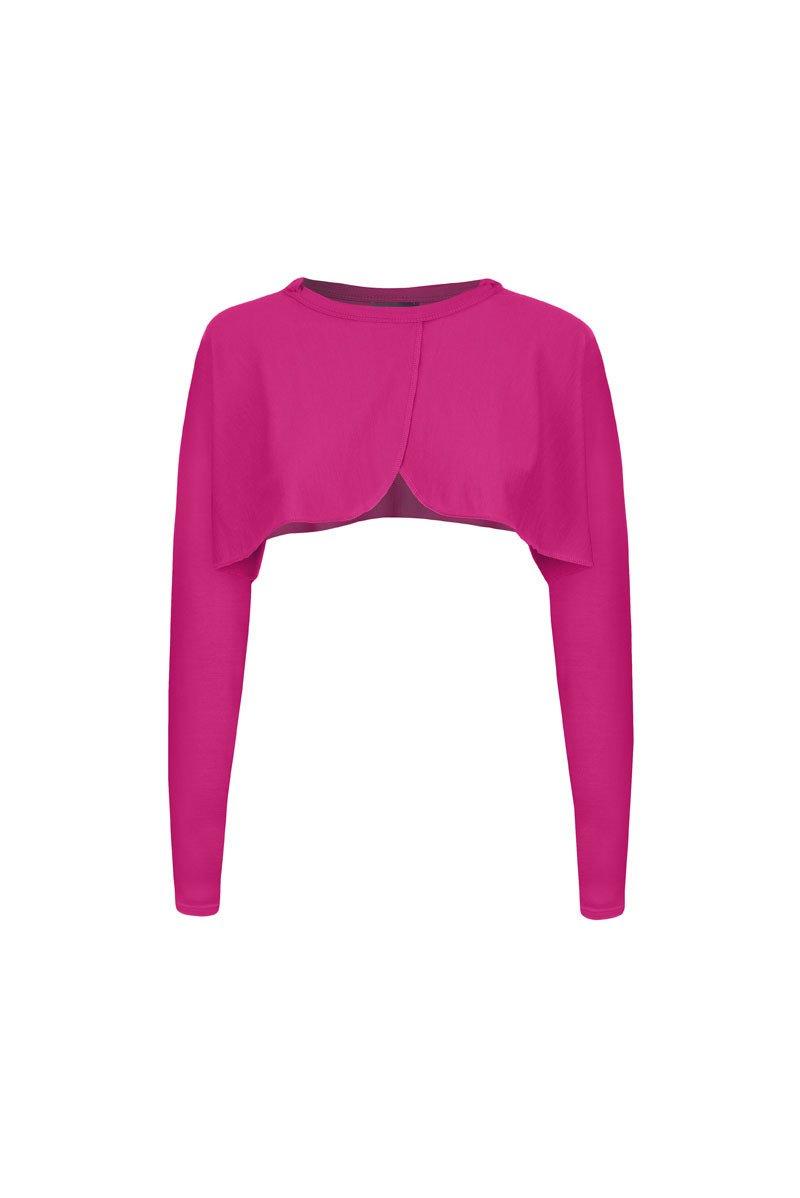 Back view of fuchsia merino sleeves - can be worn as a bolero cardigan or as a bed jacket. Long sleeved Also available in turquoise and black