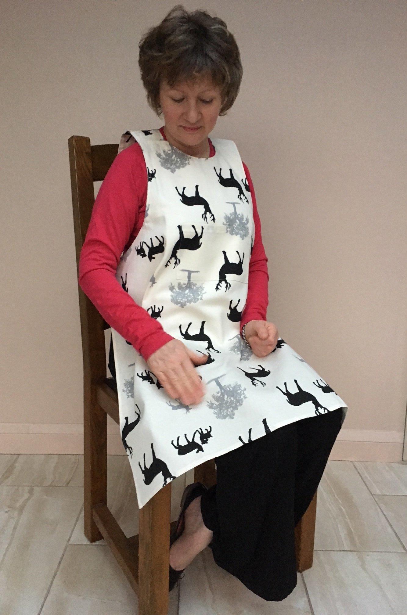 Smart Dining Drapron® to protect clothes in later stage dementia. So much better than an adult bib. Black and white deer pattern ideal gift