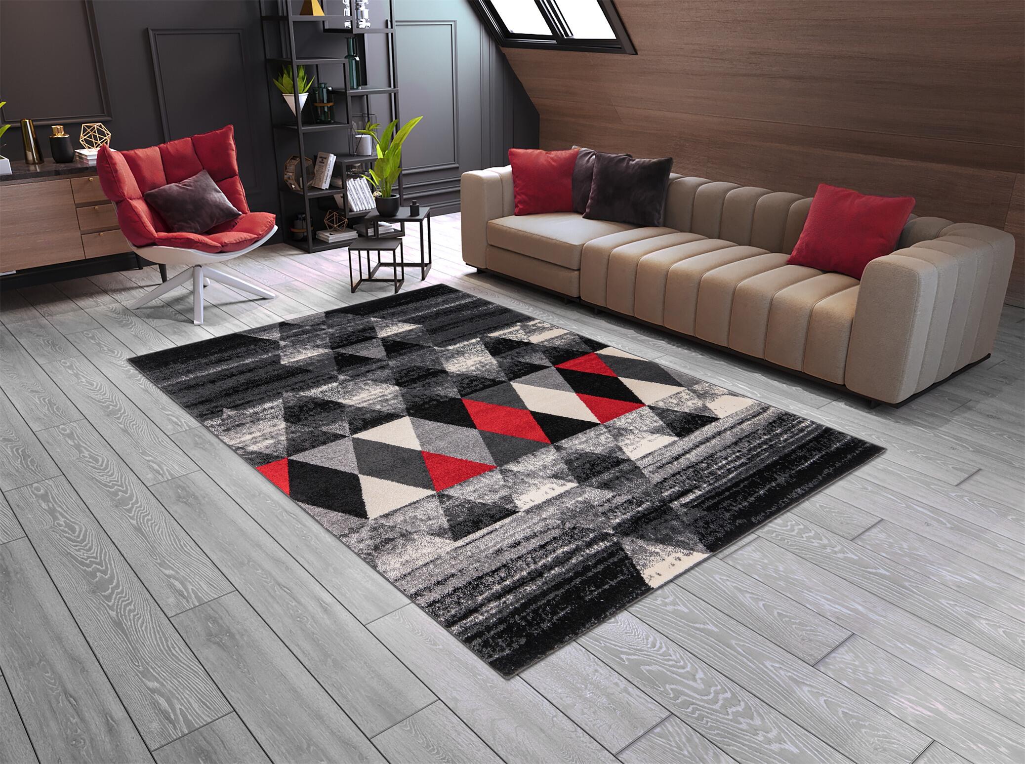 Grey & Red Geometric Triangle Rug UK
