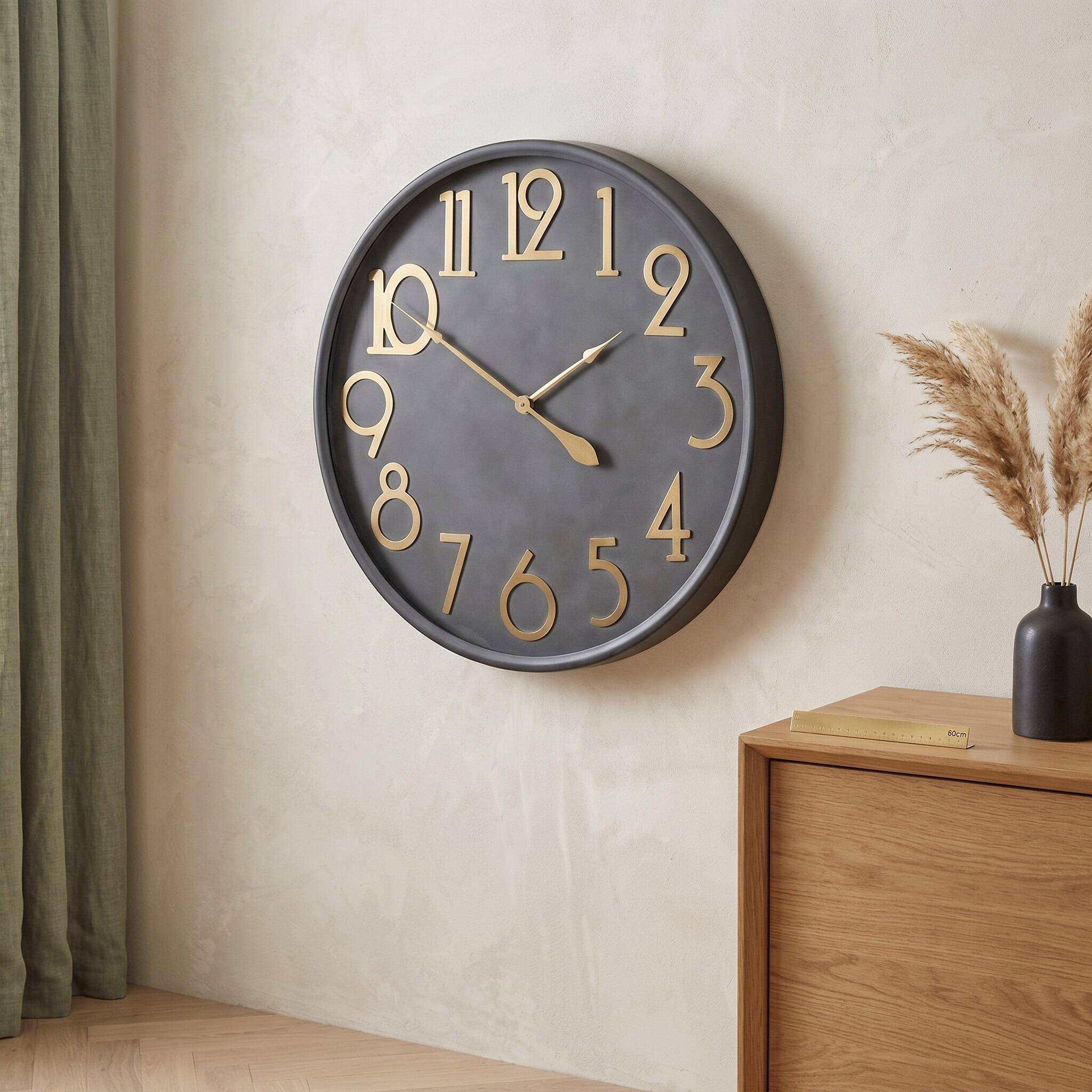 Large Wall Clock 80cm Charcoal Gold Numerals Industrial