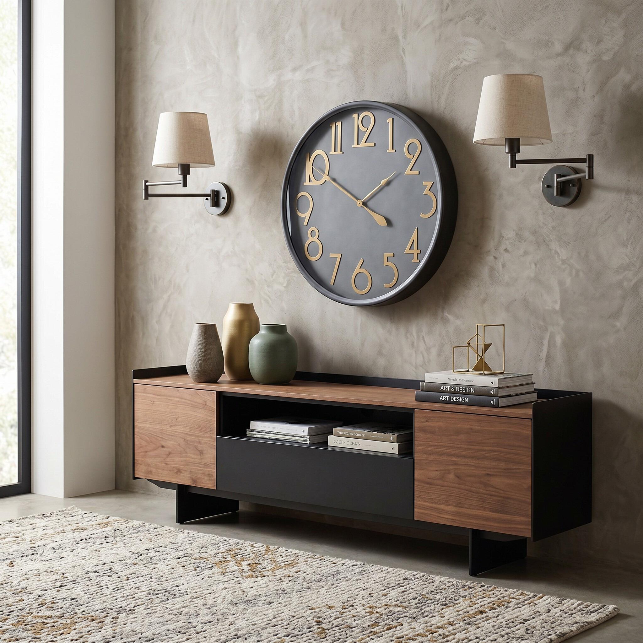Large Wall Clock 80cm Charcoal Gold Numerals Industrial