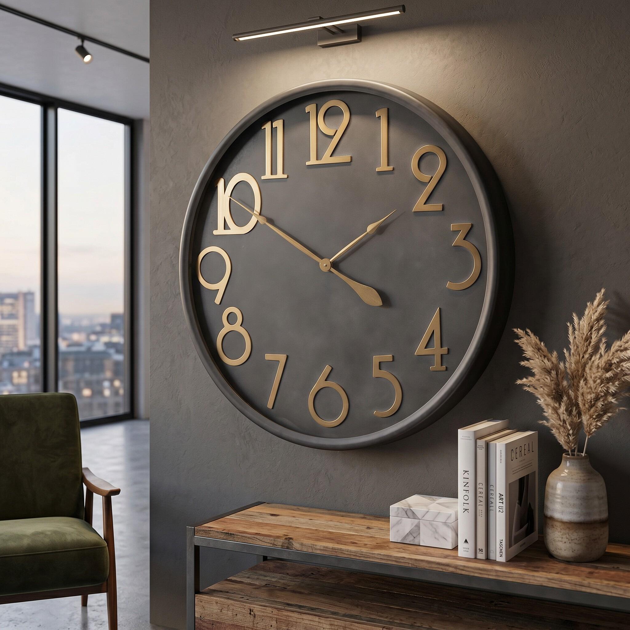 Large Wall Clock 80cm Charcoal Gold Numerals Industrial