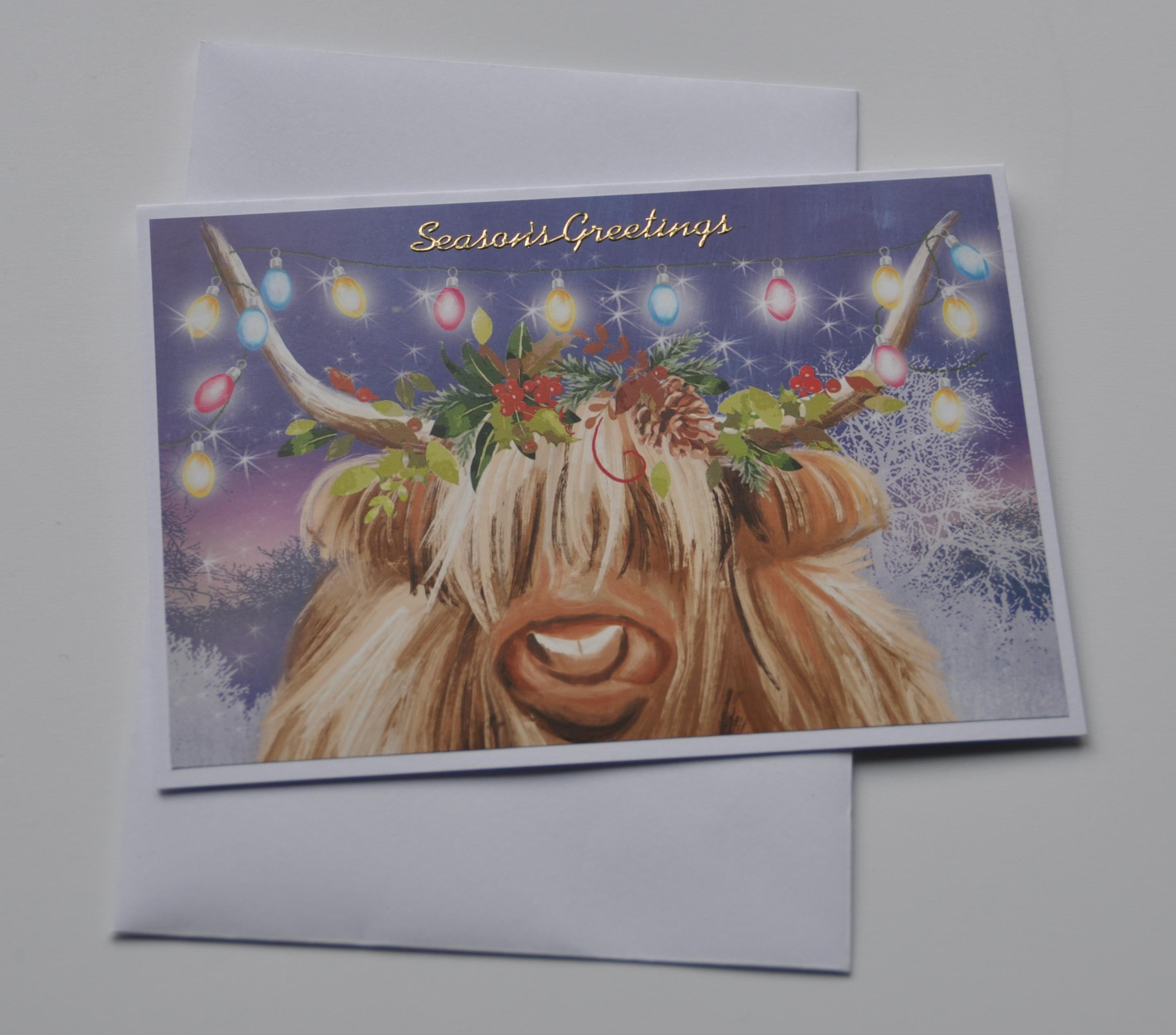 Handmade Christmas Card Highland Cow Christmas Lights