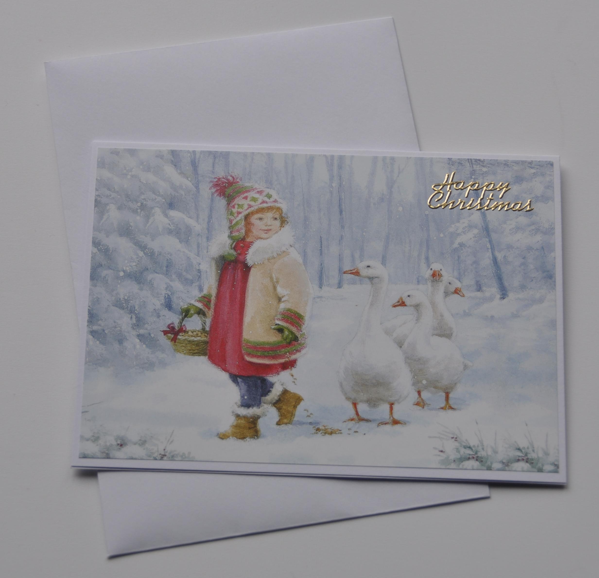 Handmade Christmas Card - Geese Girl Happy Christmas