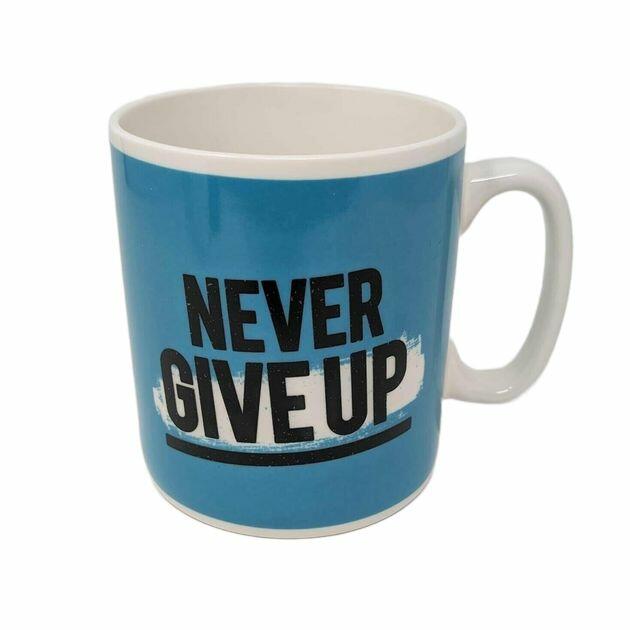 Never Give Up mug with the handle on the right