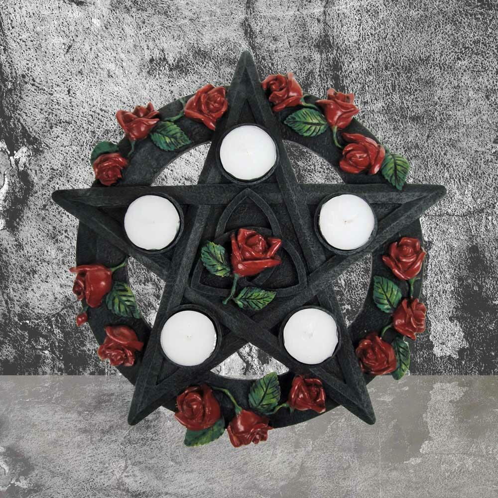 Fifth image for Gothic Black Pentagram Rose Tealight Holder Candle Holder