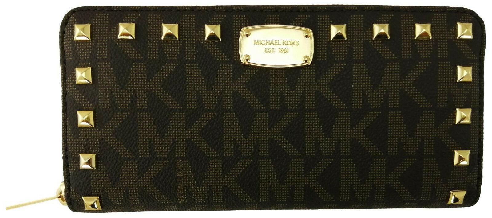 Michael Kors Dark Brown Studded Purse Zip Around Dark Brown Large PVC Logo Monogram Gold Studded