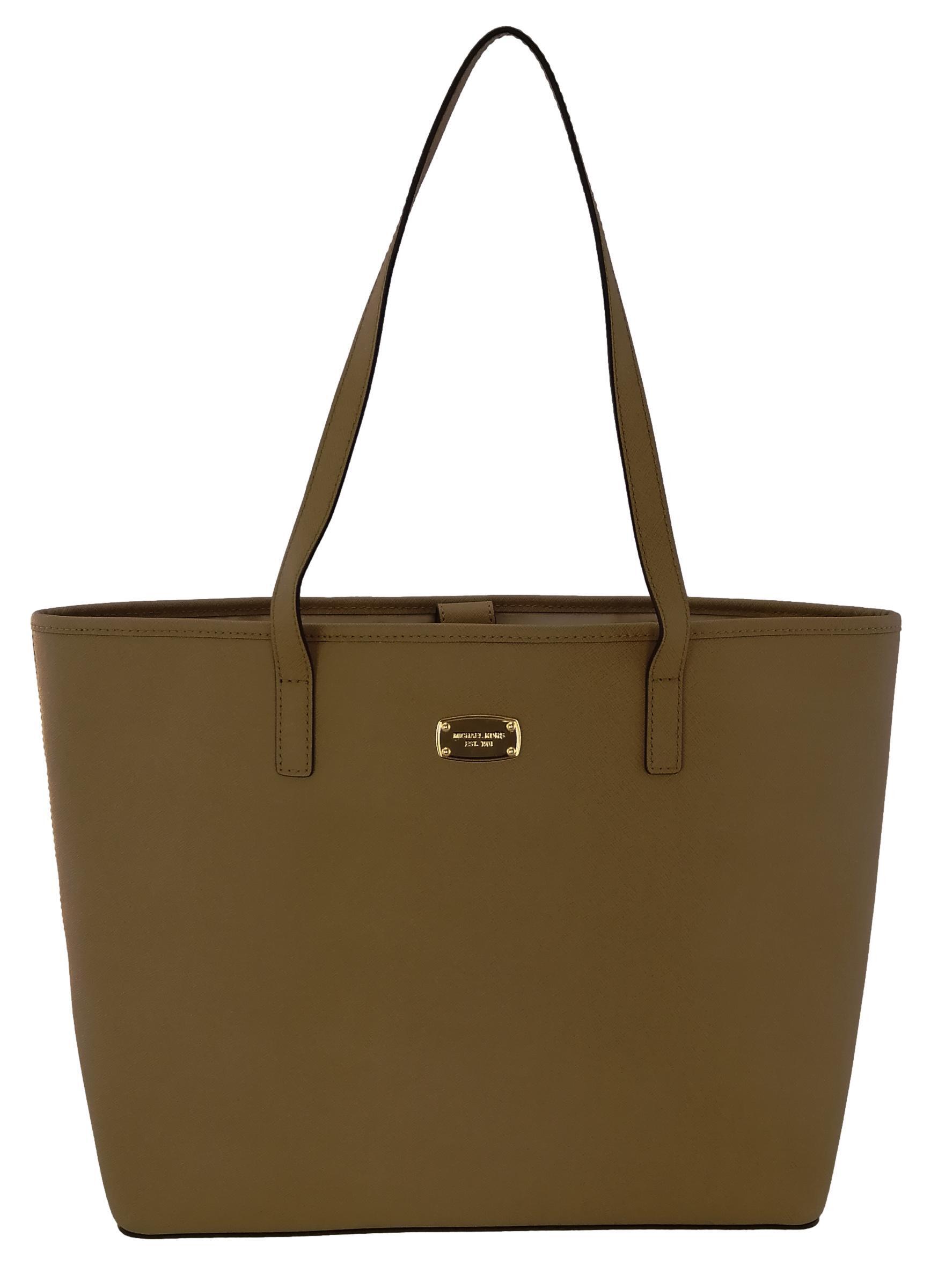 Michael Kors Light Brown Tote Bag Dark Khaki Beige Medium Shopper Handbag Saffiano Leather