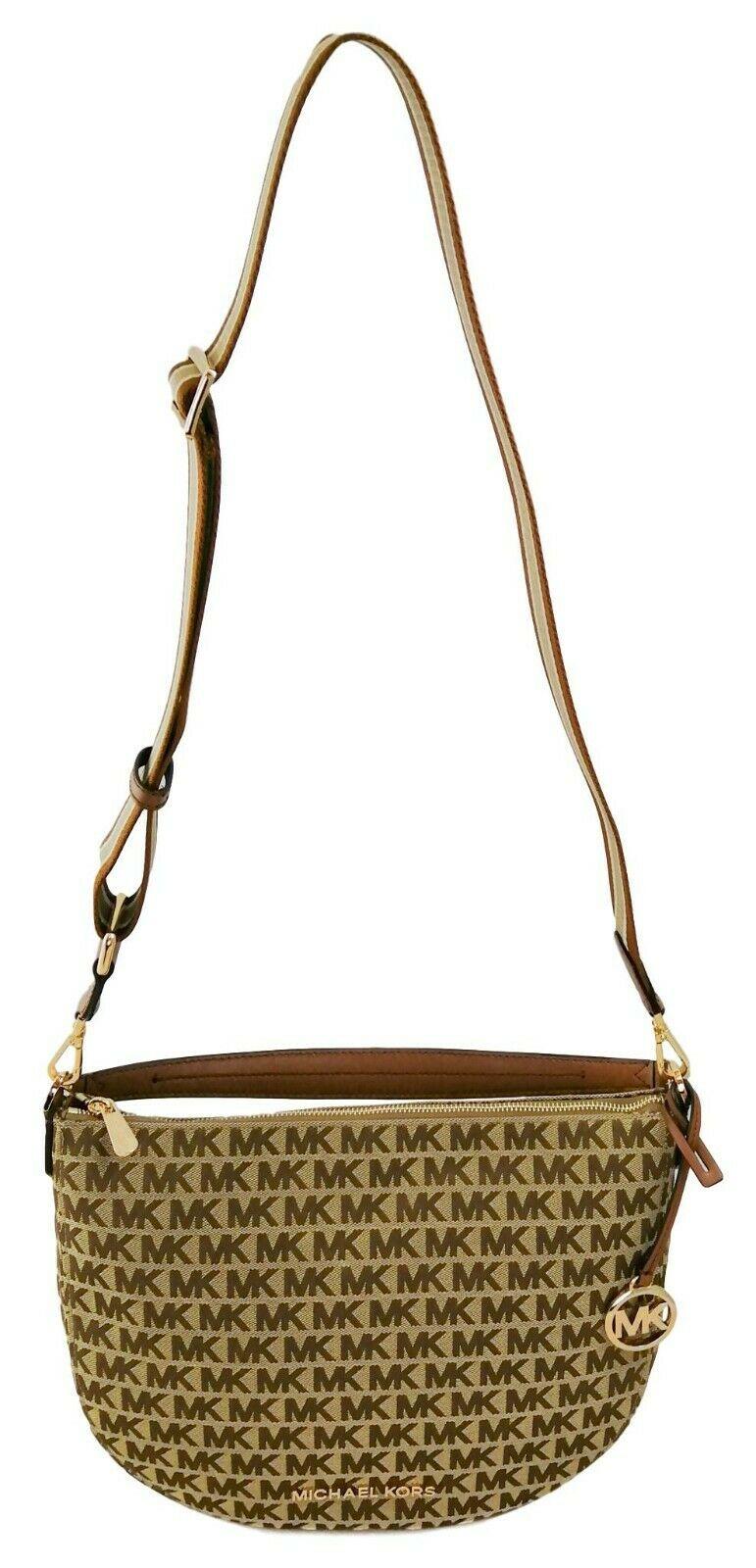 Michael Kors Canvas Shoulder Crossbody Bag Brown Beige Medium Handbag Logo Jaquard Bedford