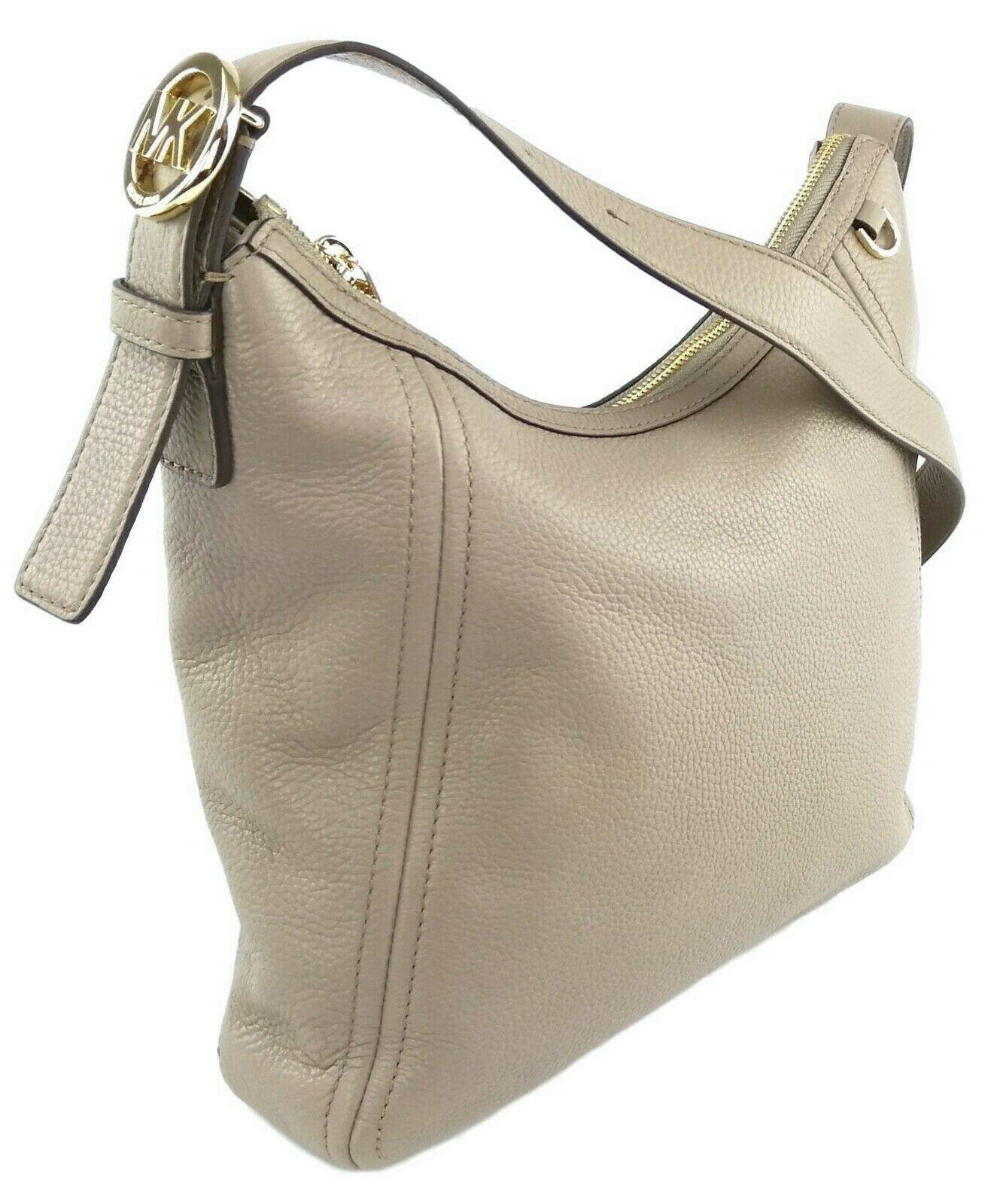 Michael Kors Shoulder Bag Beige Dark Taupe Leather Medium Fulton Top Zip Handbag