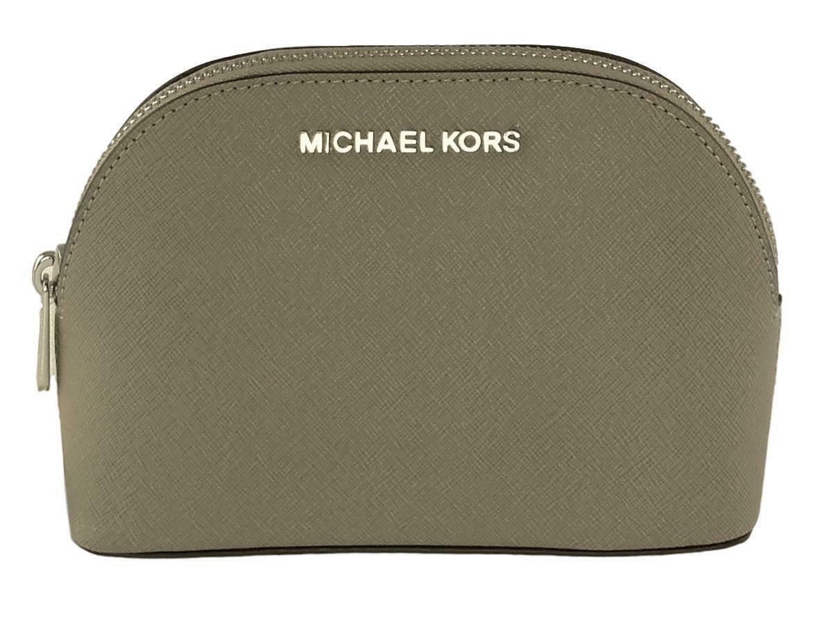 Michael Kors Make Up Bag Pearl Grey Leather Travel Pouch Cosmetic Case Jet  Set