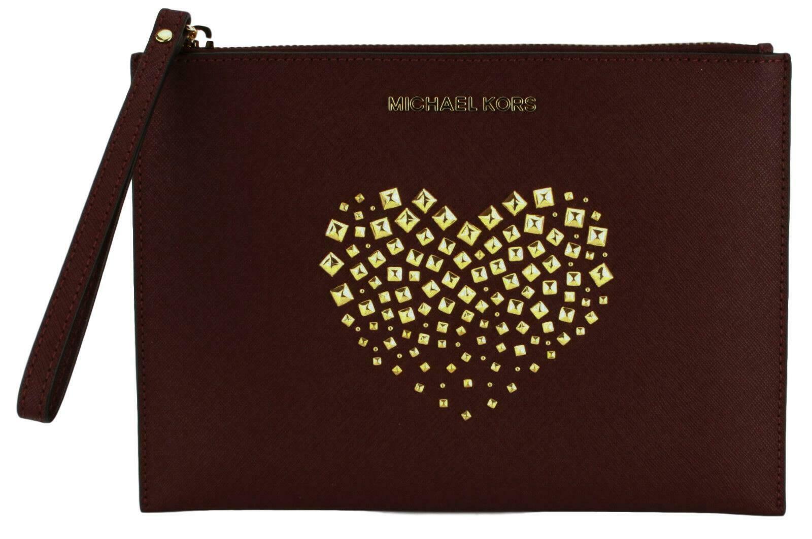 Blinke Dempsey Sanctuary Michael Kors Clutch Wristlet Bag Merlot Dark Red Studded Heart Saffiano  Leather
