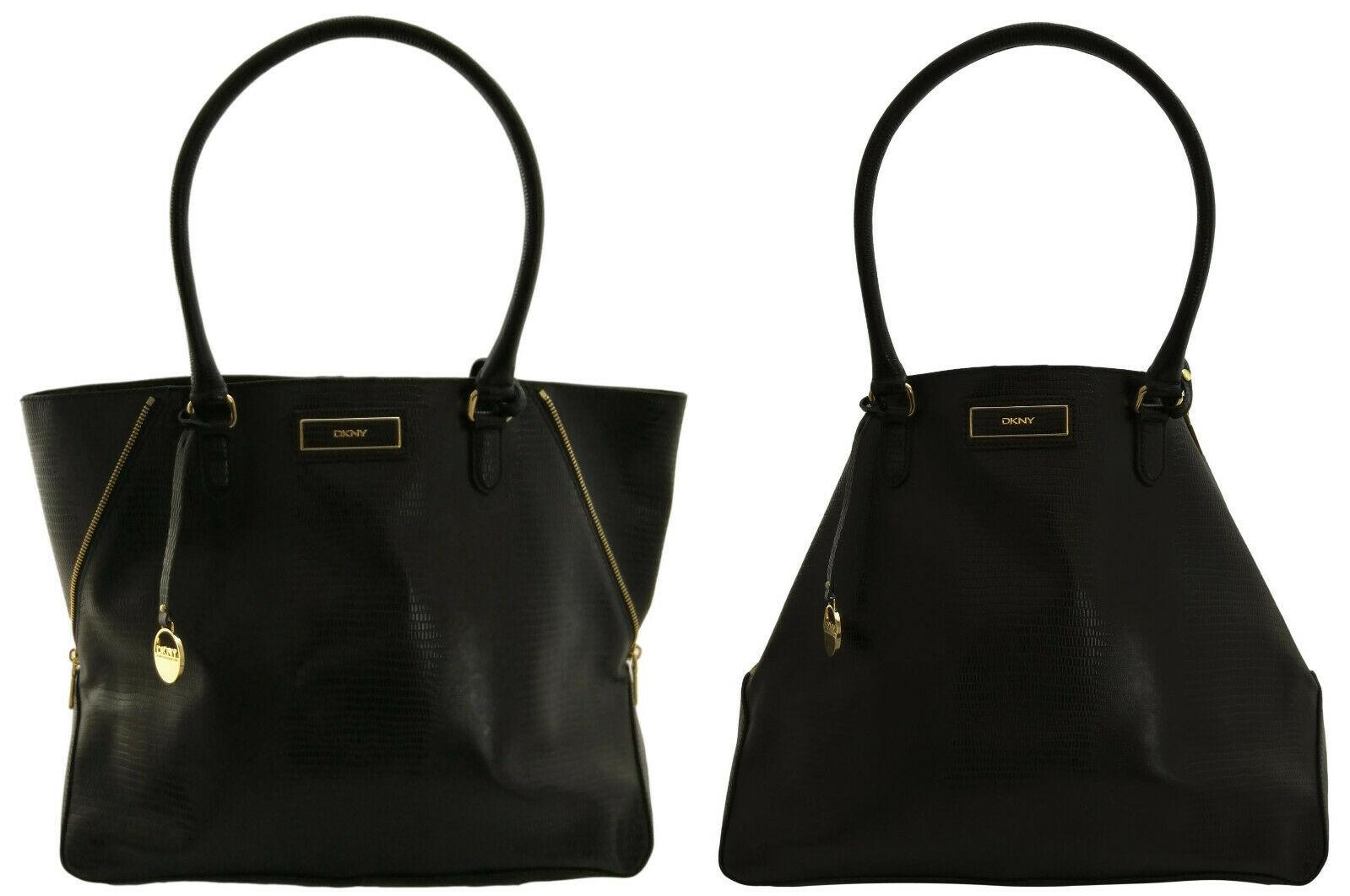 DKNY Tote Bag Black Large Convertable Handbag Lizard Print Leather