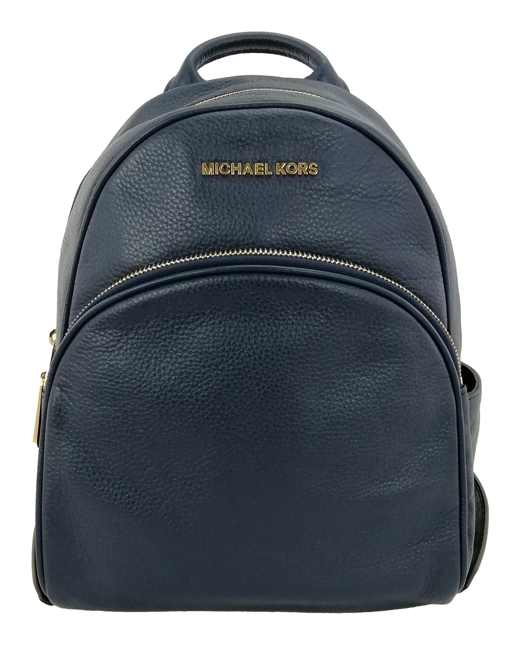 Michael Kors Navy Backpack Dark Blue Leather Gold Tone Logo Medium Abbey  Womens