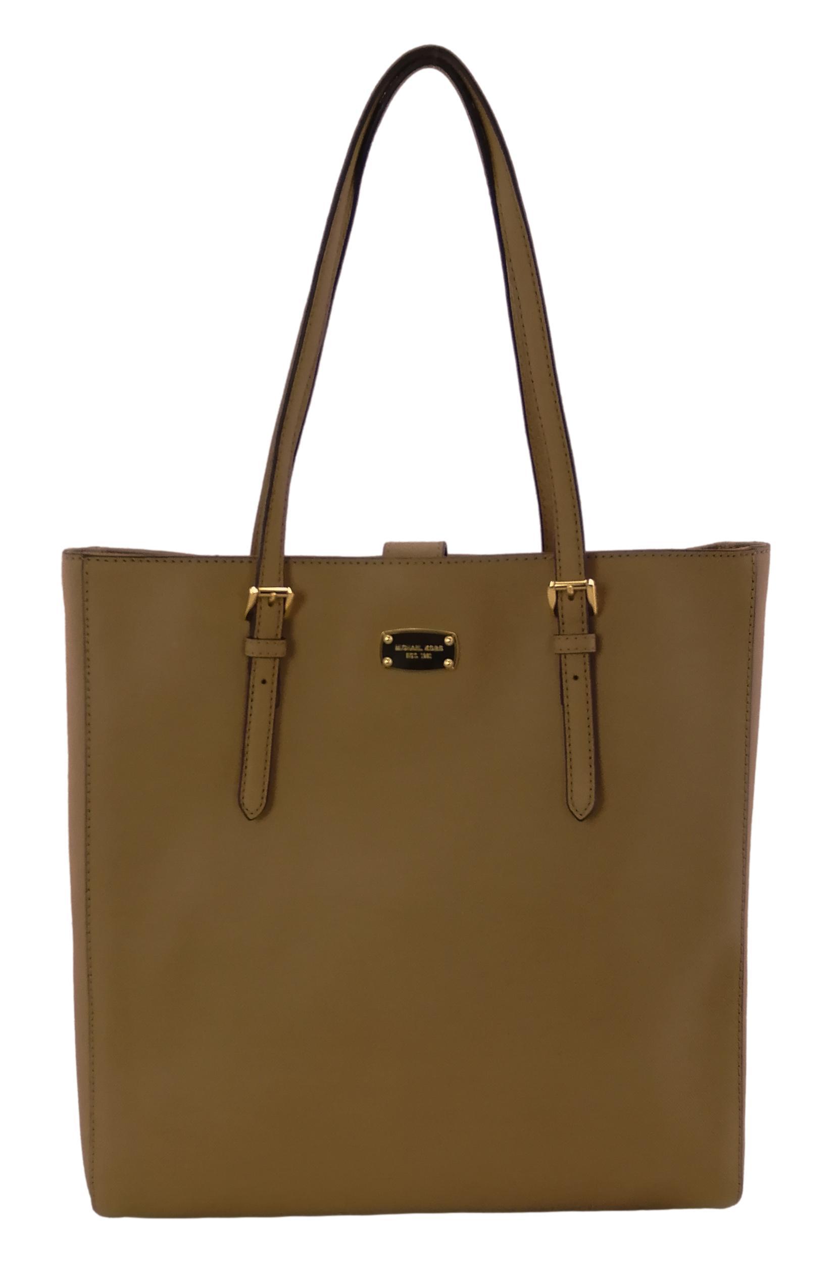 Michael Kors Tote Bag Dark Khaki Beige Light Brown Leather Medium Womens Handbag