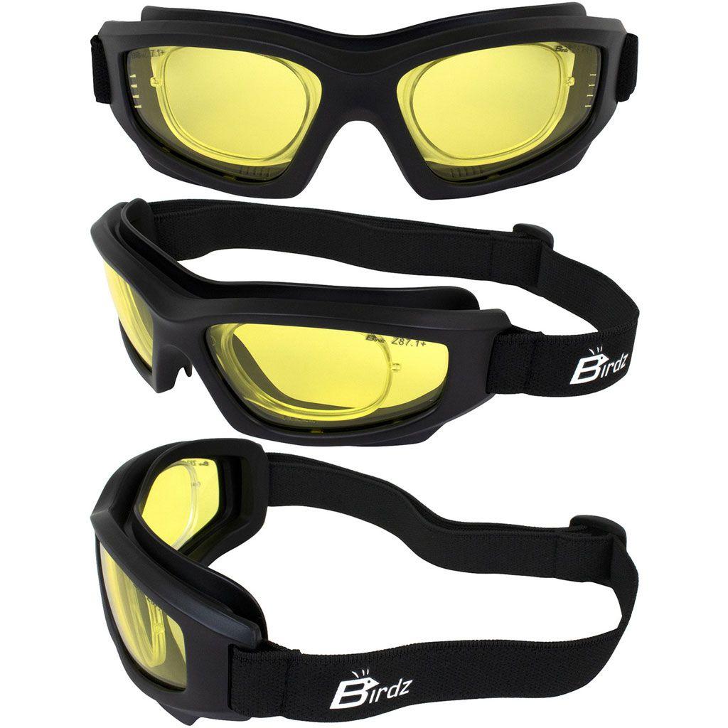 Birdz Flyer Motorbike Sports Safety Goggles Yellow Lens - three different views