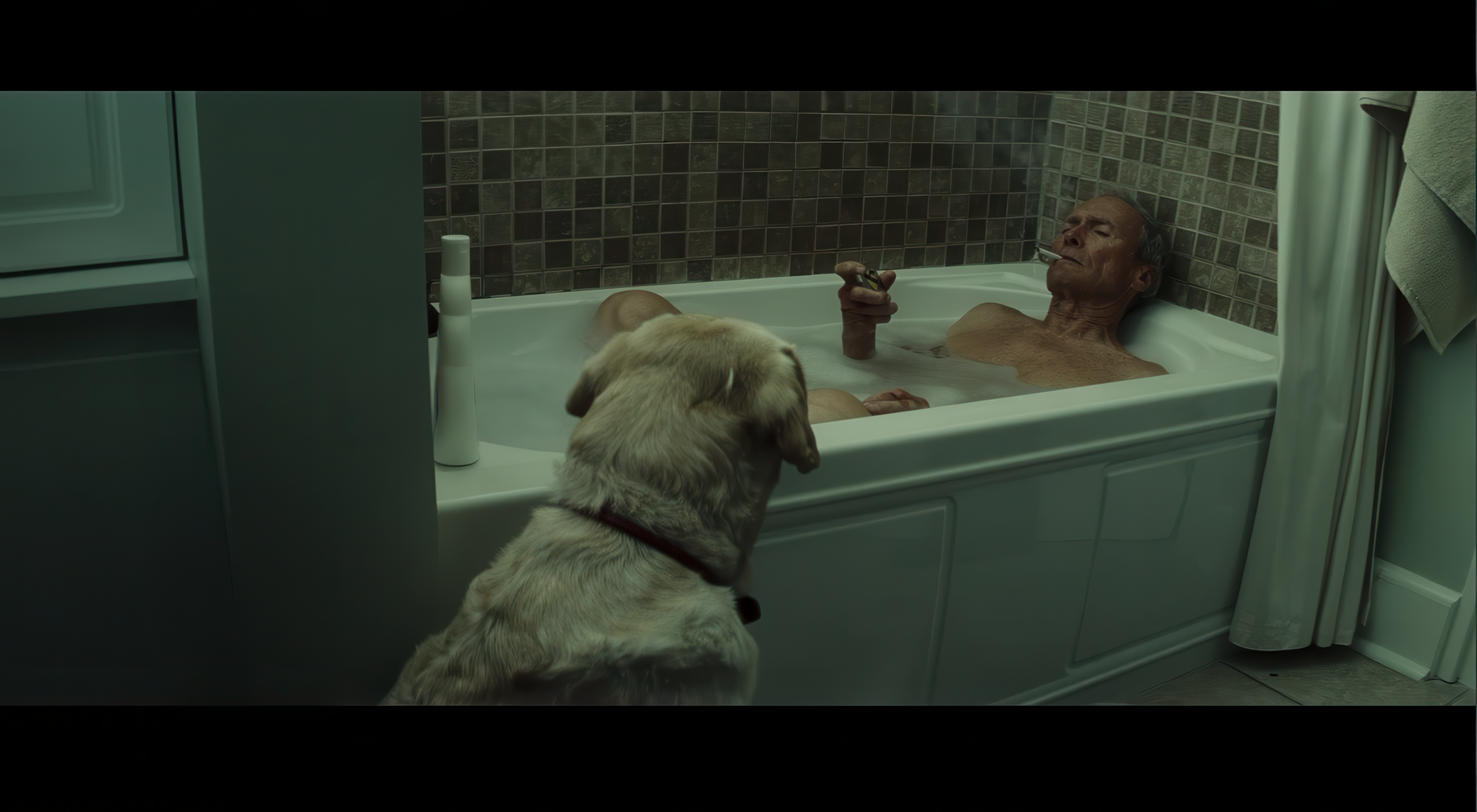 Walt Kowalski from Gran Torino taking a bath and using his Zippo Lighter to light a cigarette