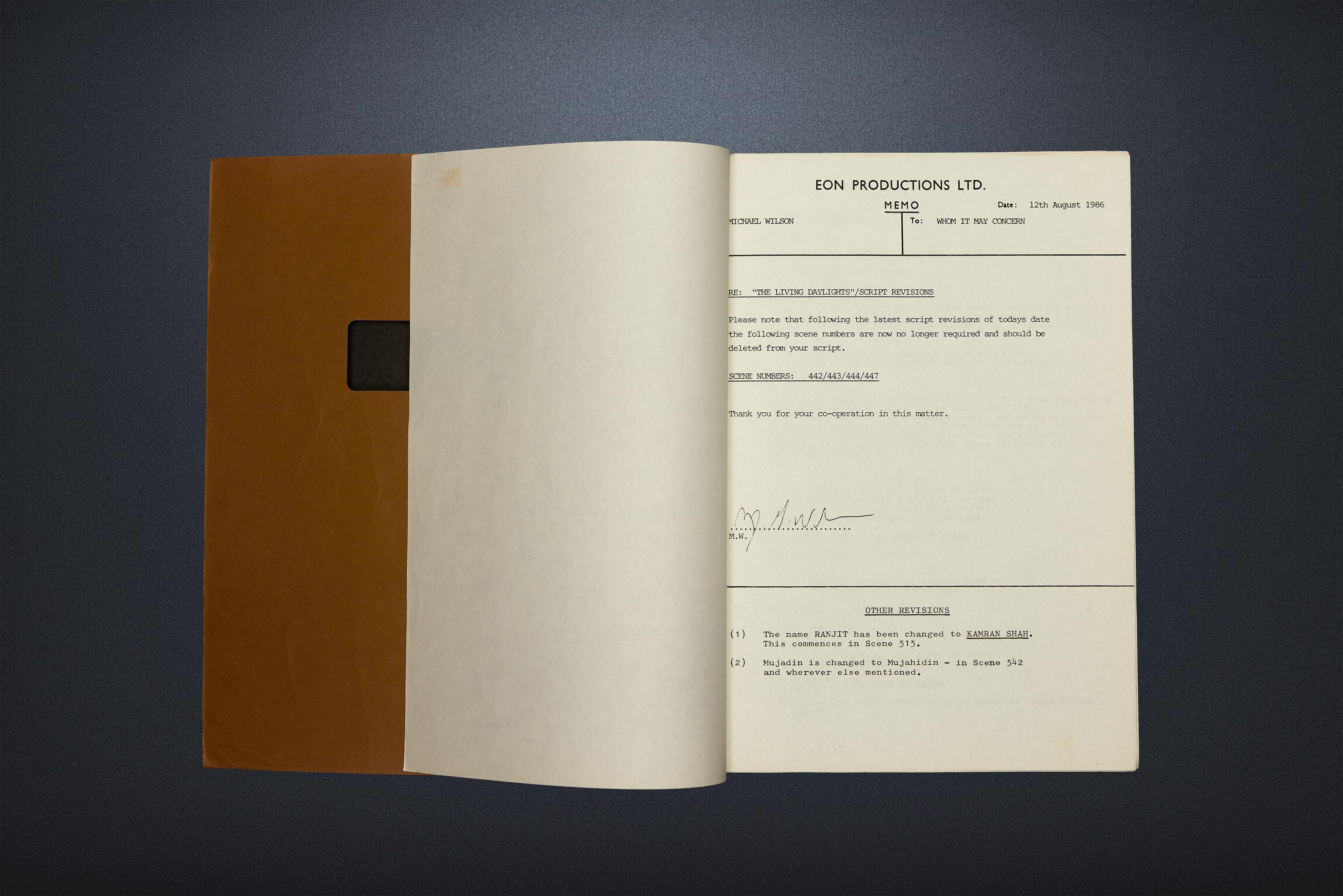 A production-used screenplay from The Living Daylights—Timothy Dalton’s debut as James Bond, 007—sourced from the personal collection of Marc Wolff, the renowned stunt pilot and aerial cameraman who contributed to twelve James Bond films. Written by Richard Maibaum and Michael G. Wilson, the script includes an advisory note from co-writer and co-producer Michael G. Wilson on behalf of EON Productions. Offered by Kudos Memorabilia Ltd.