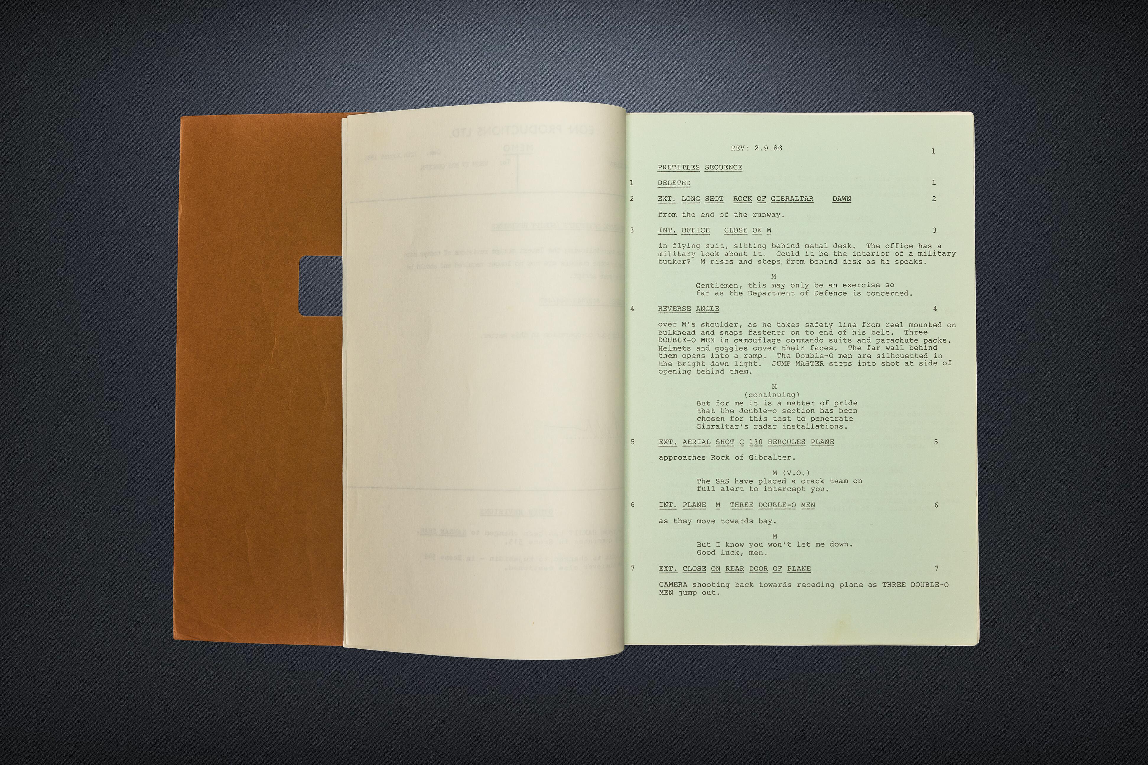 A production-used screenplay from The Living Daylights—marking Timothy Dalton’s debut as James Bond, 007—originating from the personal collection of Marc Wolff, the acclaimed stunt pilot and aerial cinematographer who worked on twelve James Bond films. Written by Richard Maibaum and Michael G. Wilson, this script features green-page revisions from the film’s iconic opening action sequence set over and atop the Rock of Gibraltar. Available for sale at Kudos Memorabilia Ltd.