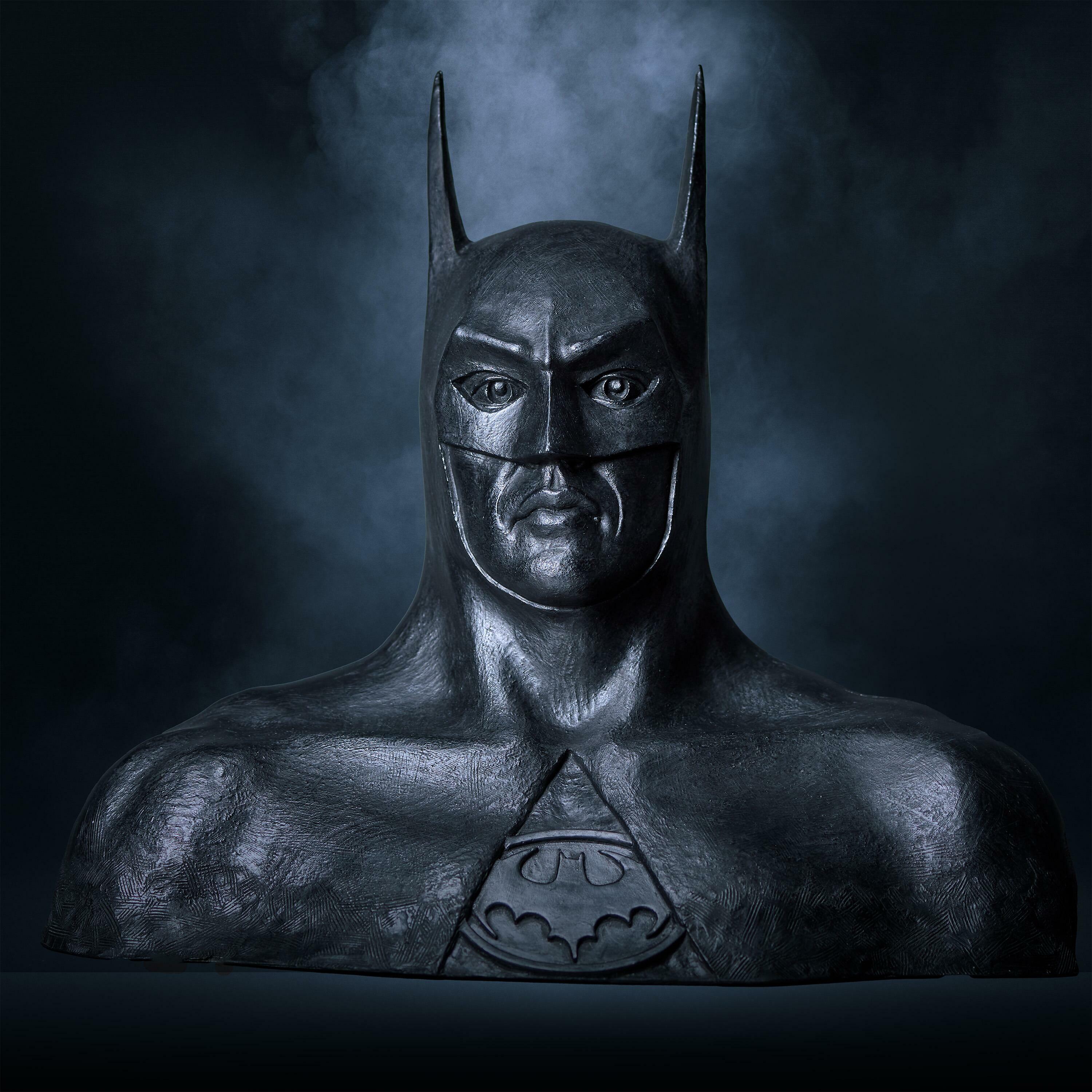 Production bust of Batman portrayed by Michael Keaton, featuring detailed facial sculpting and bat emblem on chest.