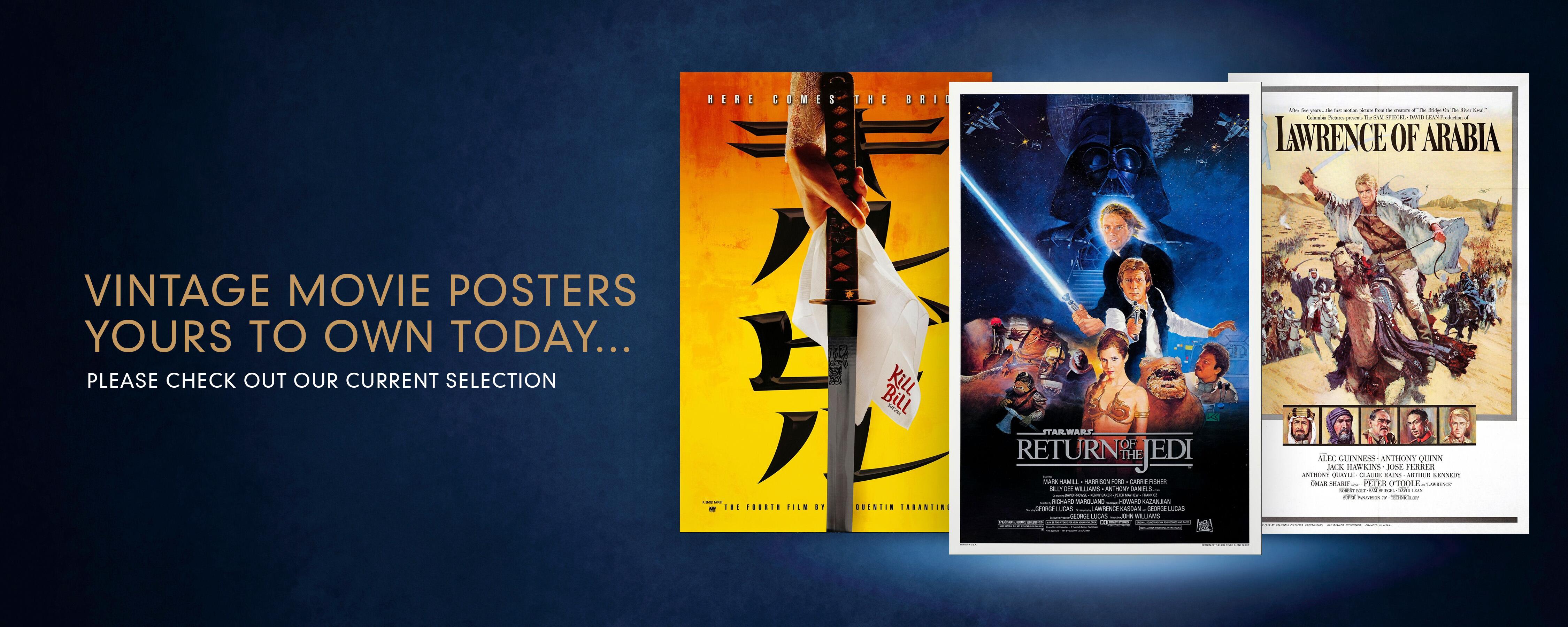 A Selection of Vintage Movie Posters Available for Sale at Kudos Memorabilia, including Kill Bill, Return of the Jedi and Lawrence of Arabia