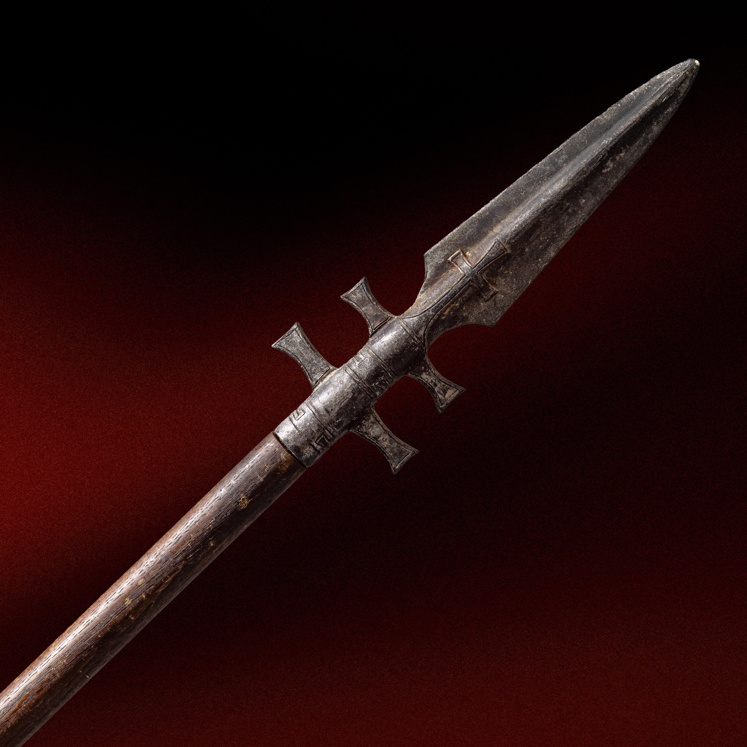 A close-up of the spear-tip for an original production-made medieval spear created for the 2016 feature film Assassin's Creed.