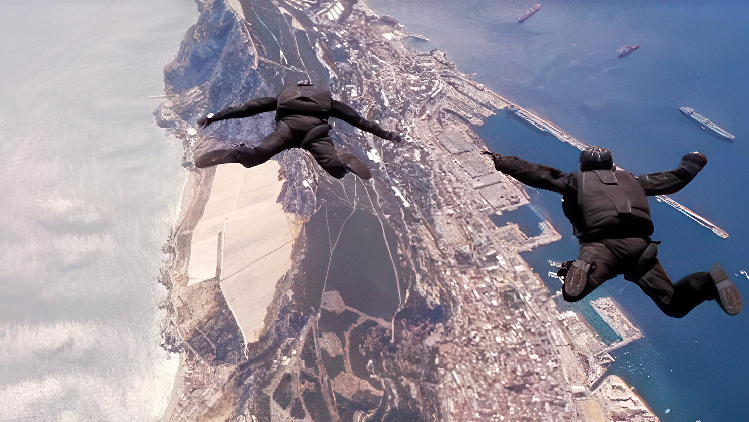 A breathtaking overhead image of the freefall parachute sequence from ‘The Living Daylights’ over the Rock of Gibraltar. The jump was performed by freefall legends, BJ Worth and Jake Lombard, who exited a Lockheed C-130 Hercules, braving difficult terrain (for landing) and adverse wind conditions.