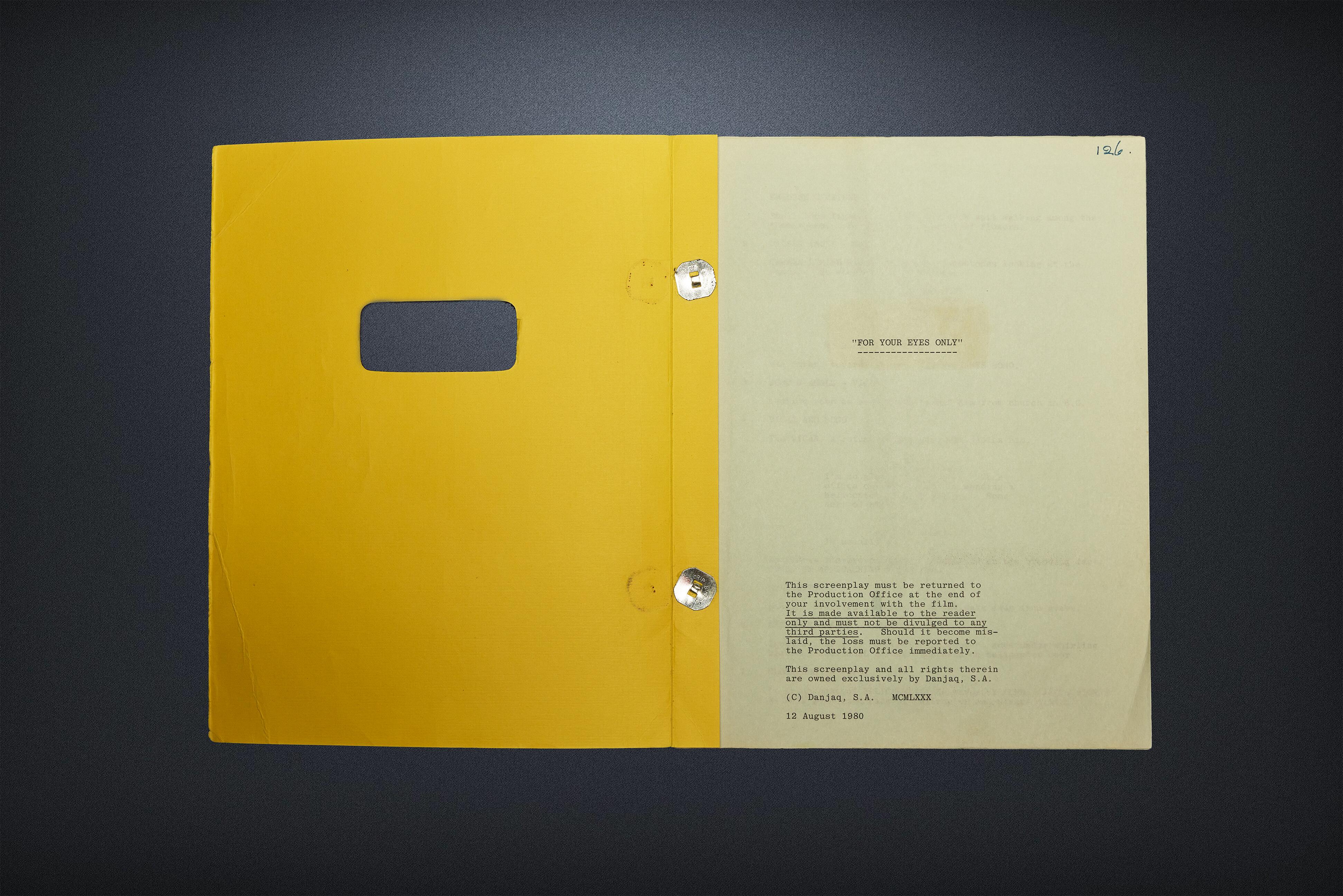 Intro Page for a Production Used Screenplay for 'For Your Eyes Only' with Danjaq Copyright  Notice