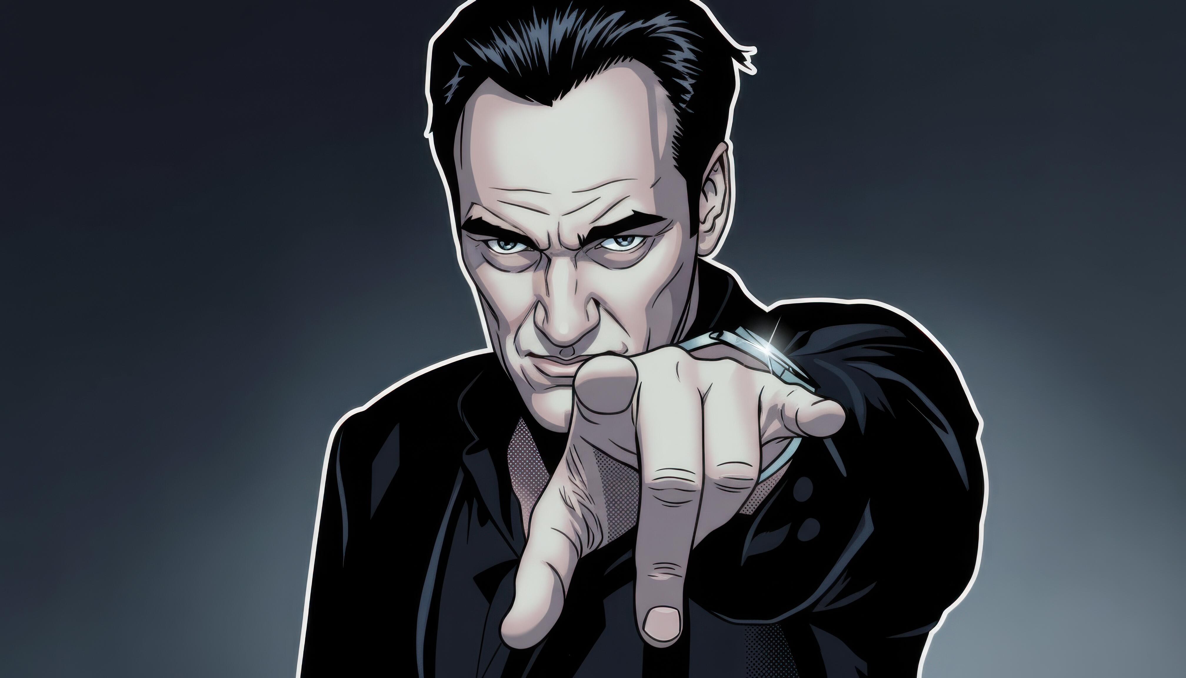 Quentin Tarantino pointing his finger at the viewer in a cool graphic novel illustration