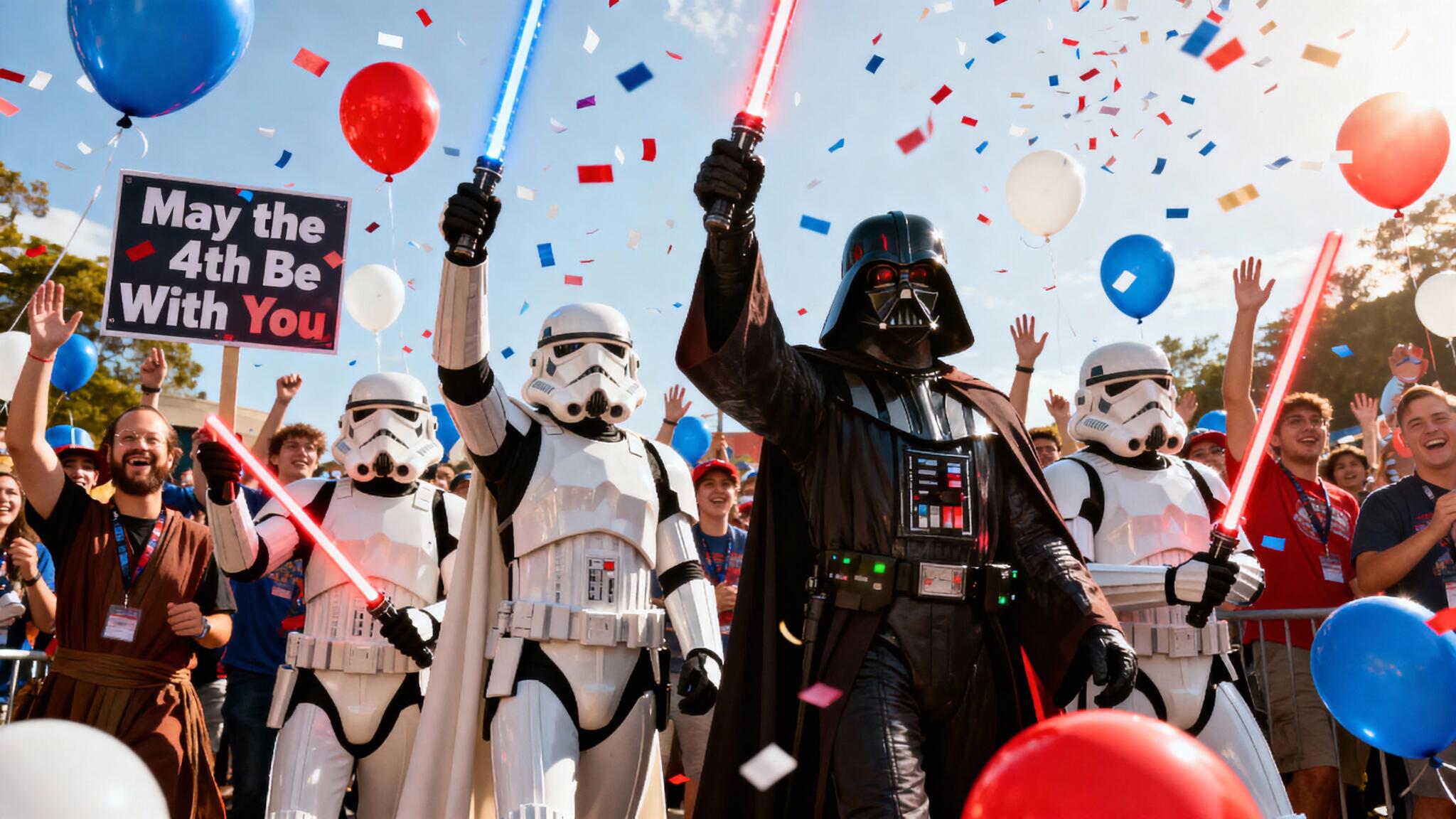 Fans assemble, some dressed as stormtroopers and another as Darth Vader, to celebrate May 4th, Star Wars Day