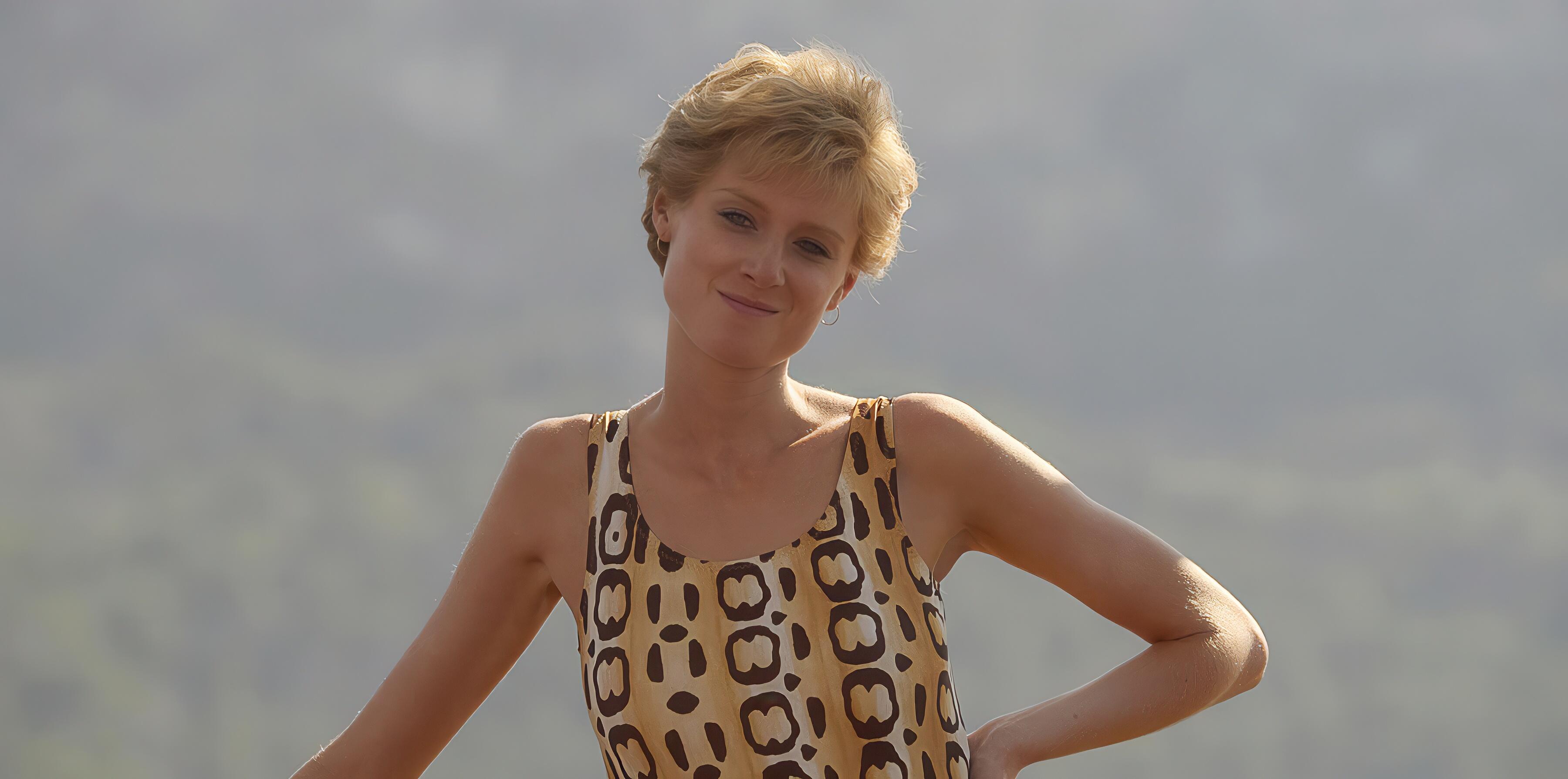 Actress, Elizabeth Debicki, as Princess Diana in a leopard-print bathing costume for The Crown Season 5, Episode 1, "Queen Victoria Syndrome"