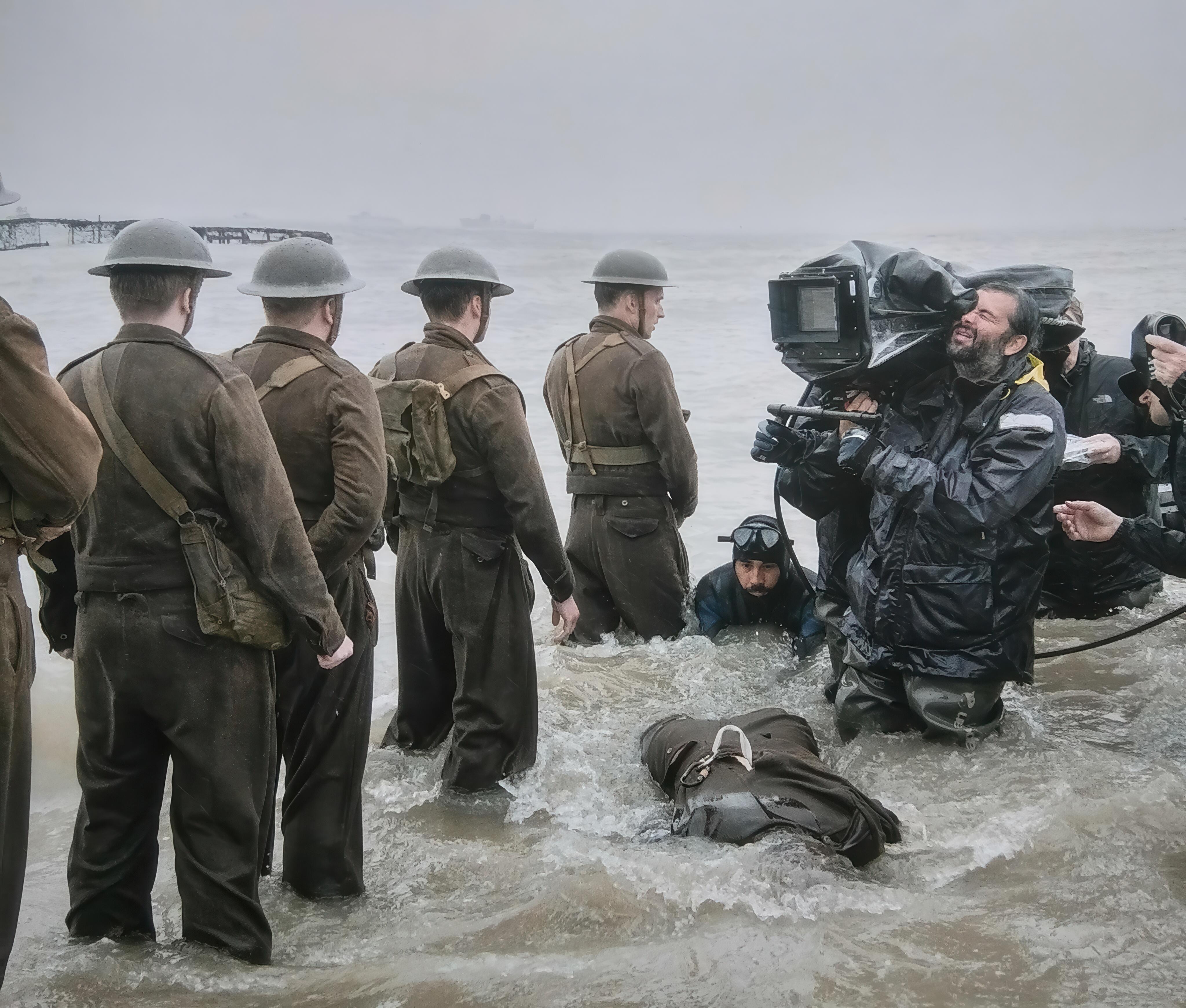 Dunkirk The Movie (2017), directed by Christopher Nolan. Cinematographer, Hoyte Van Hoytema, handholds a massive IMAX camera for immersive action