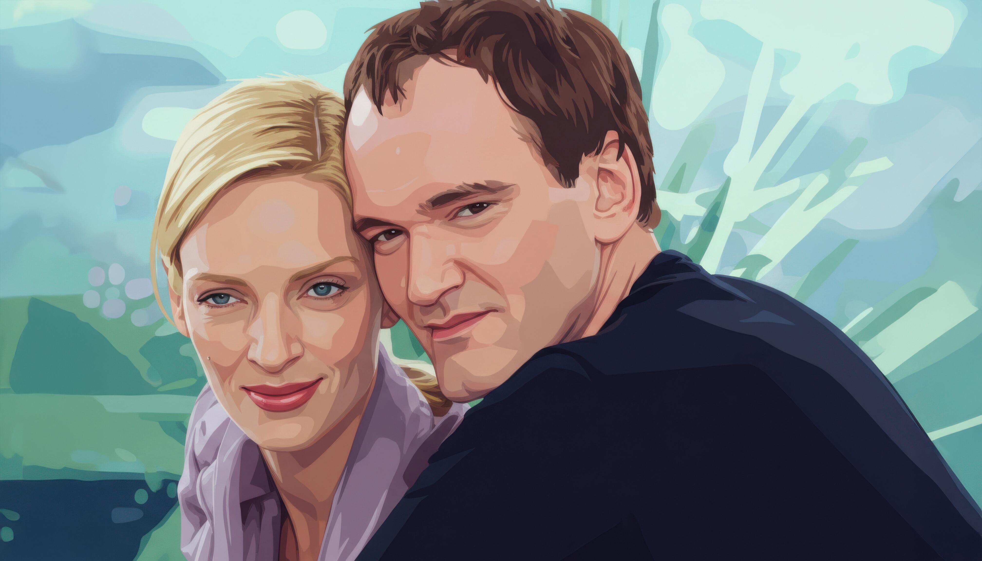 Quentin Tarantino and Uma Thurman cheek-to-cheek in a cool graphic novel illustration