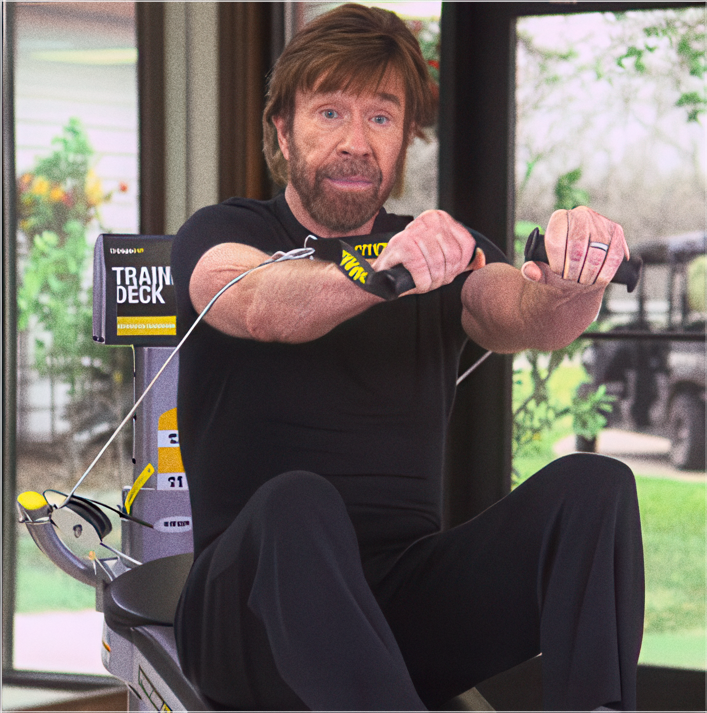 Long-time spokesperson, Chuck Norris, promoting the Total Gym workout system, showcasing the versatile home exercise equipment.
