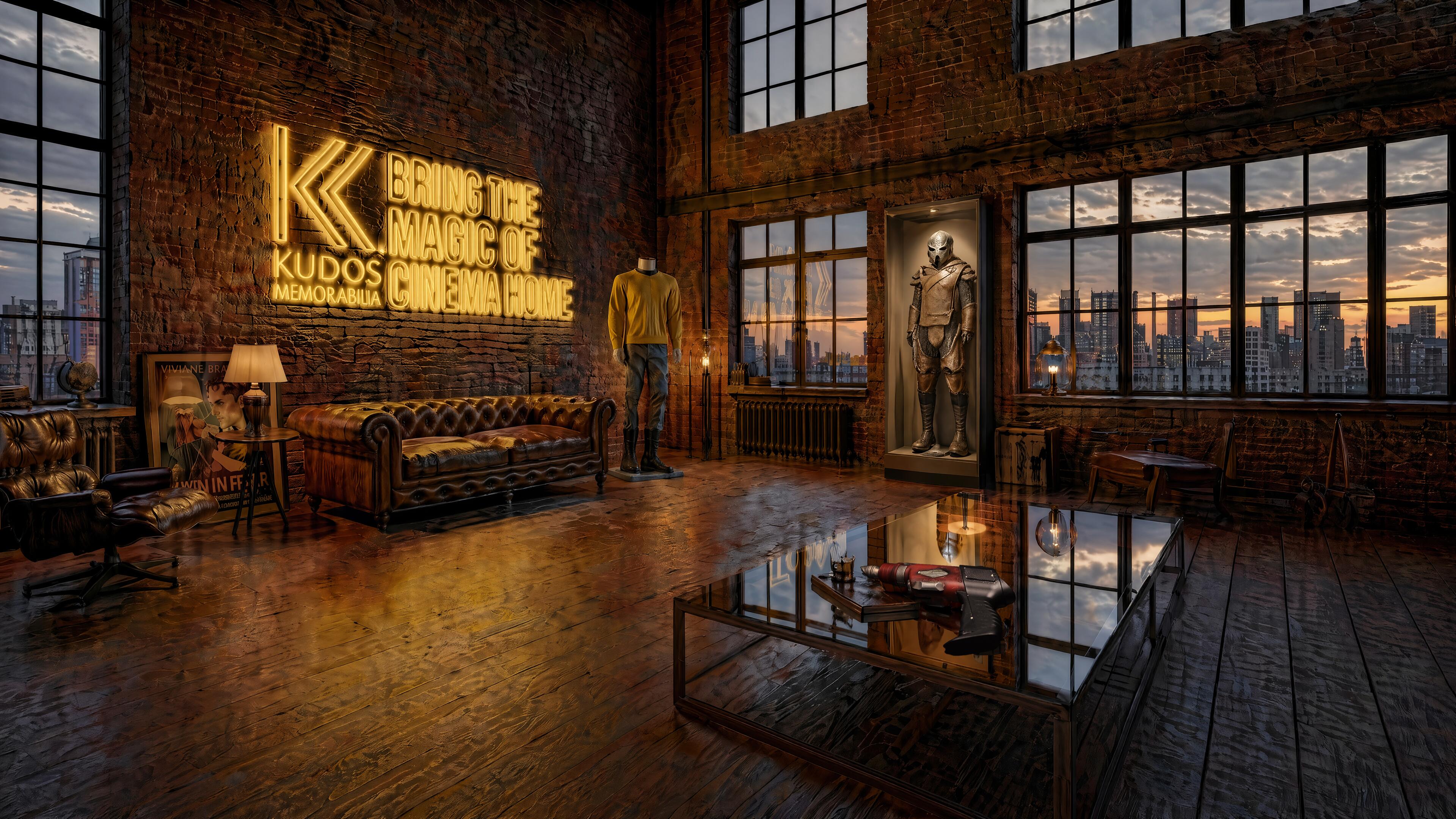 Loft Apartment with Neon Kudos Memorabilia Logo and "Bring the Magic of Cinema Home" with a selection of Star Trek memorabilia