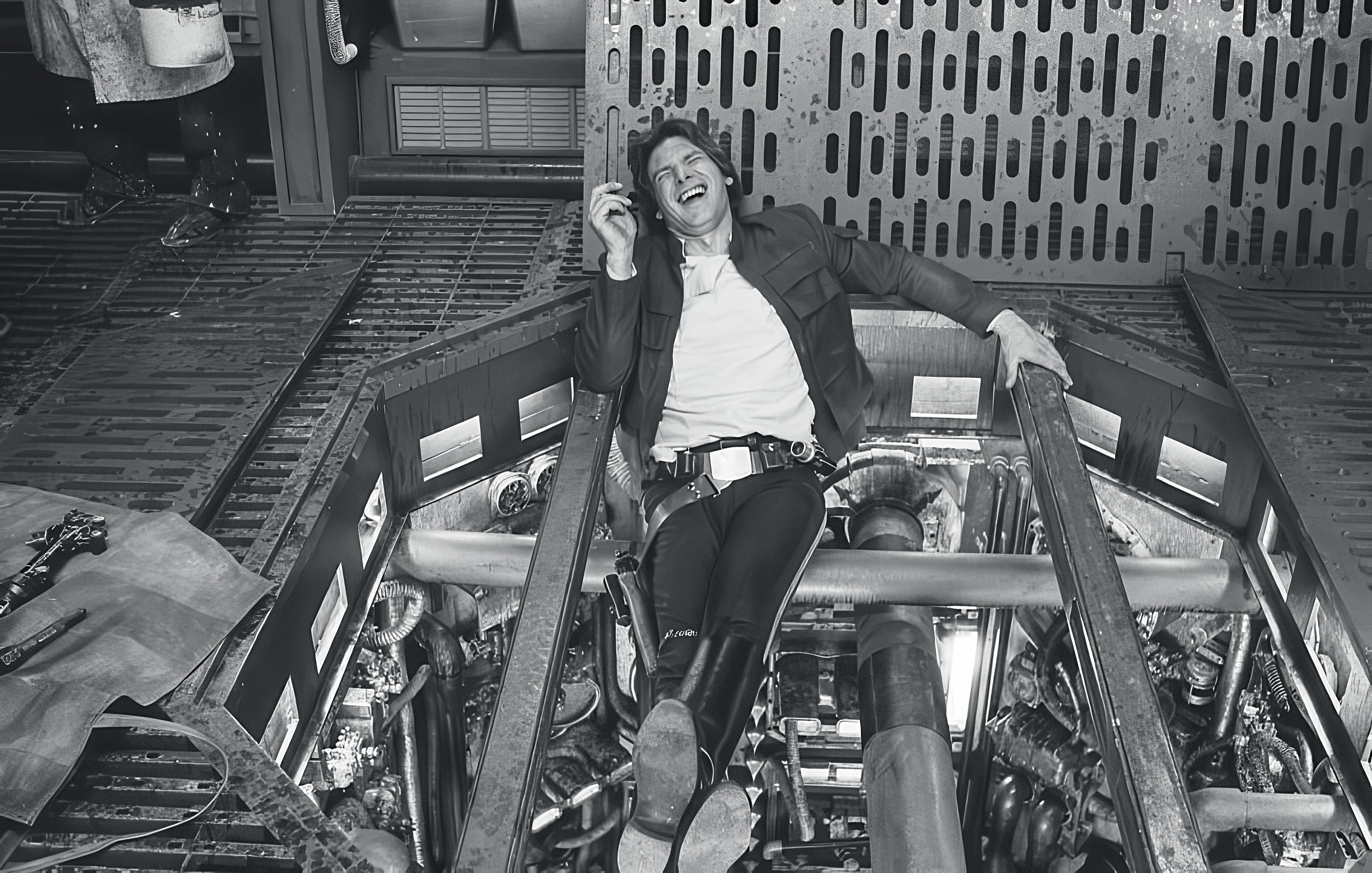 Actor, Harrison Ford (Han Solo), relaxing on the Millennium Falcon set during the production of The Empire Strikes Back