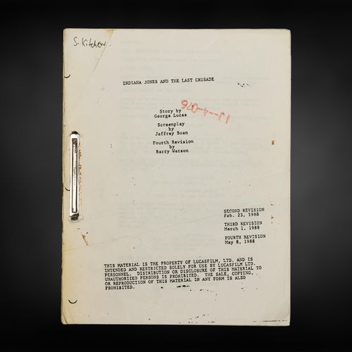 Front Cover Image - An Original Production Screenplay for 'Indiana Jones and The Last Crusade (1989) – Available to Buy from Kudos Memorabilia Ltd